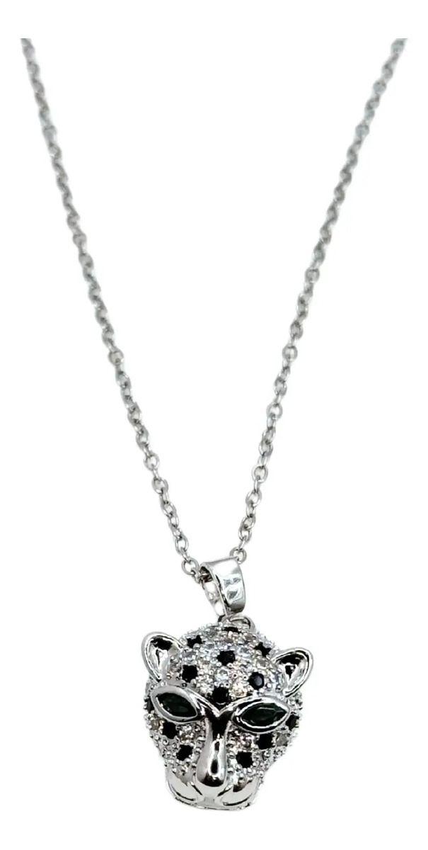 Collar Cabeza Leopardo, Acero Inoxidable/circonitas, Regalo Plateado-0