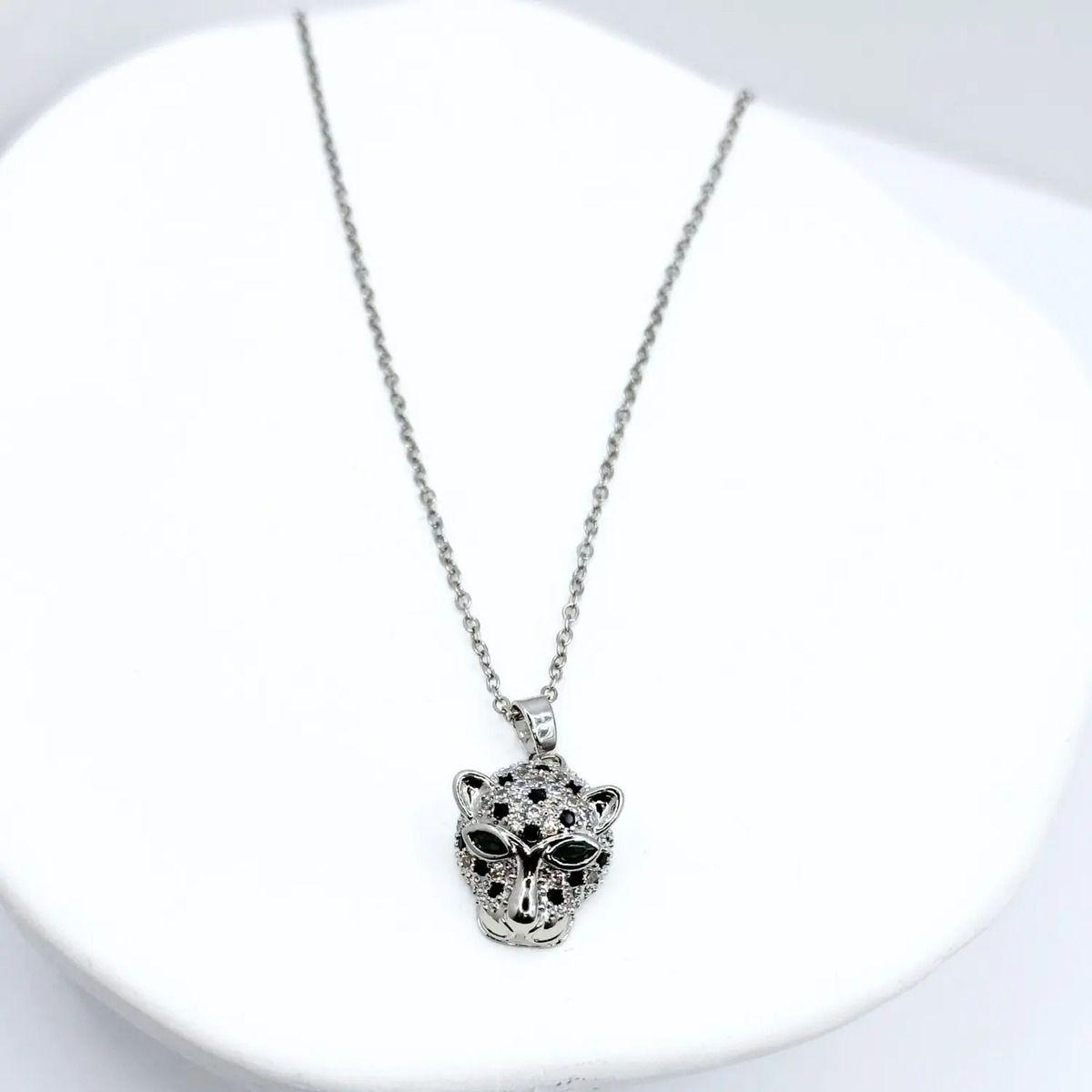Collar Cabeza Leopardo, Acero Inoxidable/circonitas, Regalo Plateado-1
