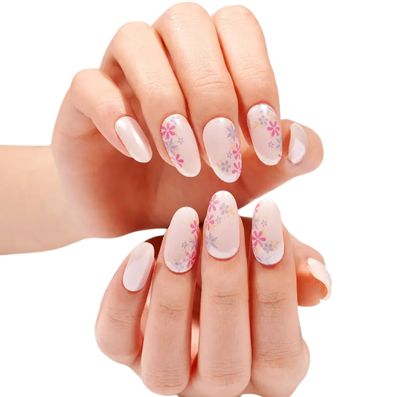 Uñas Gel Semi Curado Manicure - Rosa pálido perlado y Flores Lilas -3