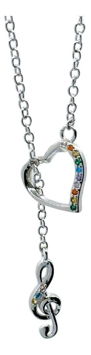 Collar Love Music, Plata 925 Circonitas Pavé, Corazón Música Plateado-0
