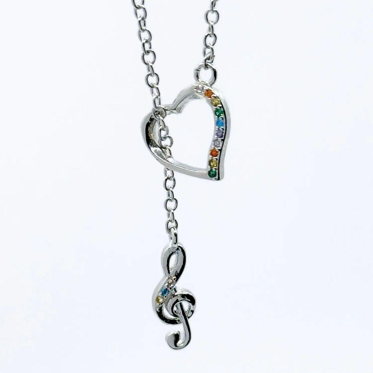 Collar Love Music, Plata 925 Circonitas Pavé, Corazón Música Plateado-1