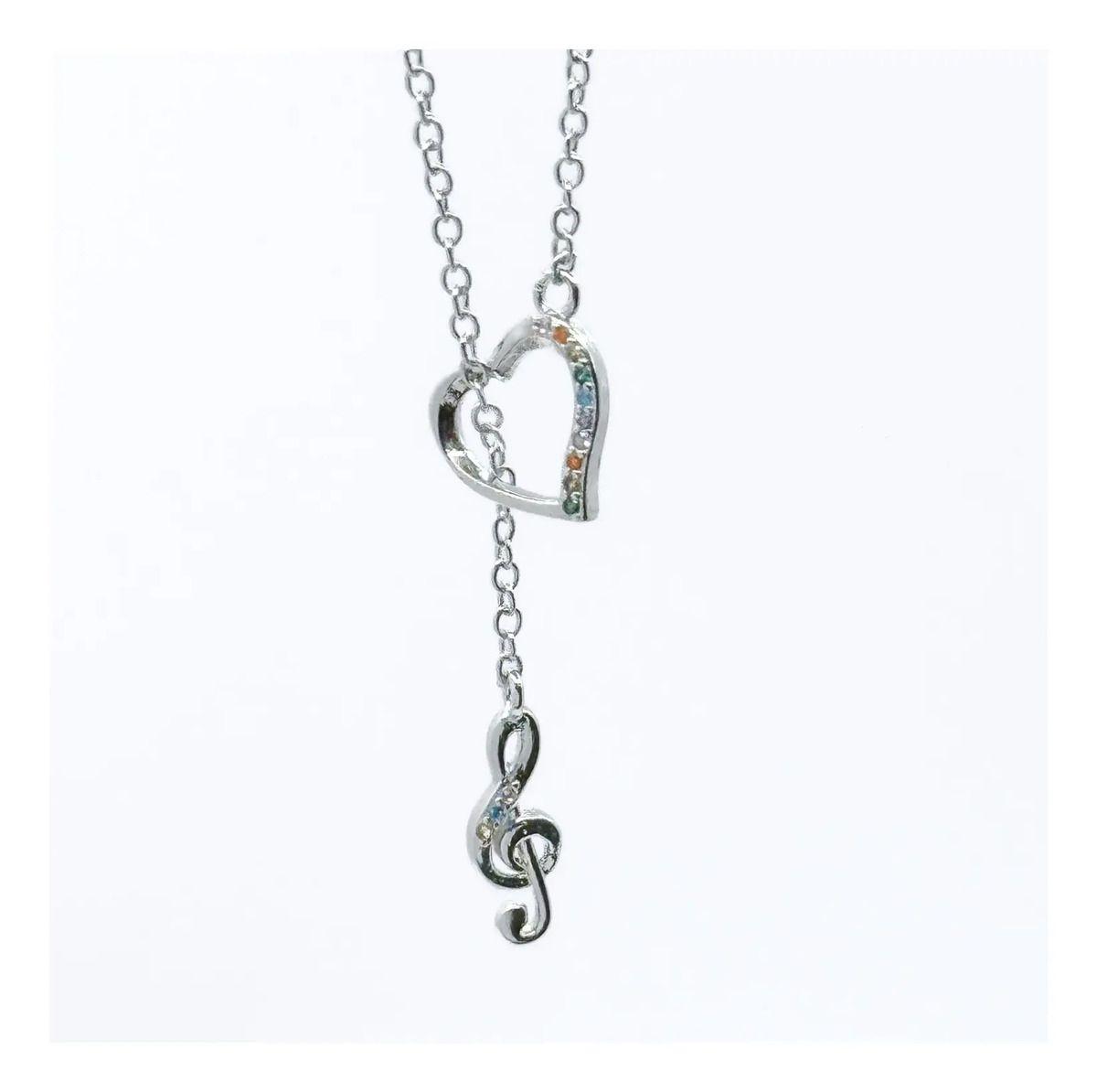 Collar Love Music, Plata 925 Circonitas Pavé, Corazón Música Plateado-2