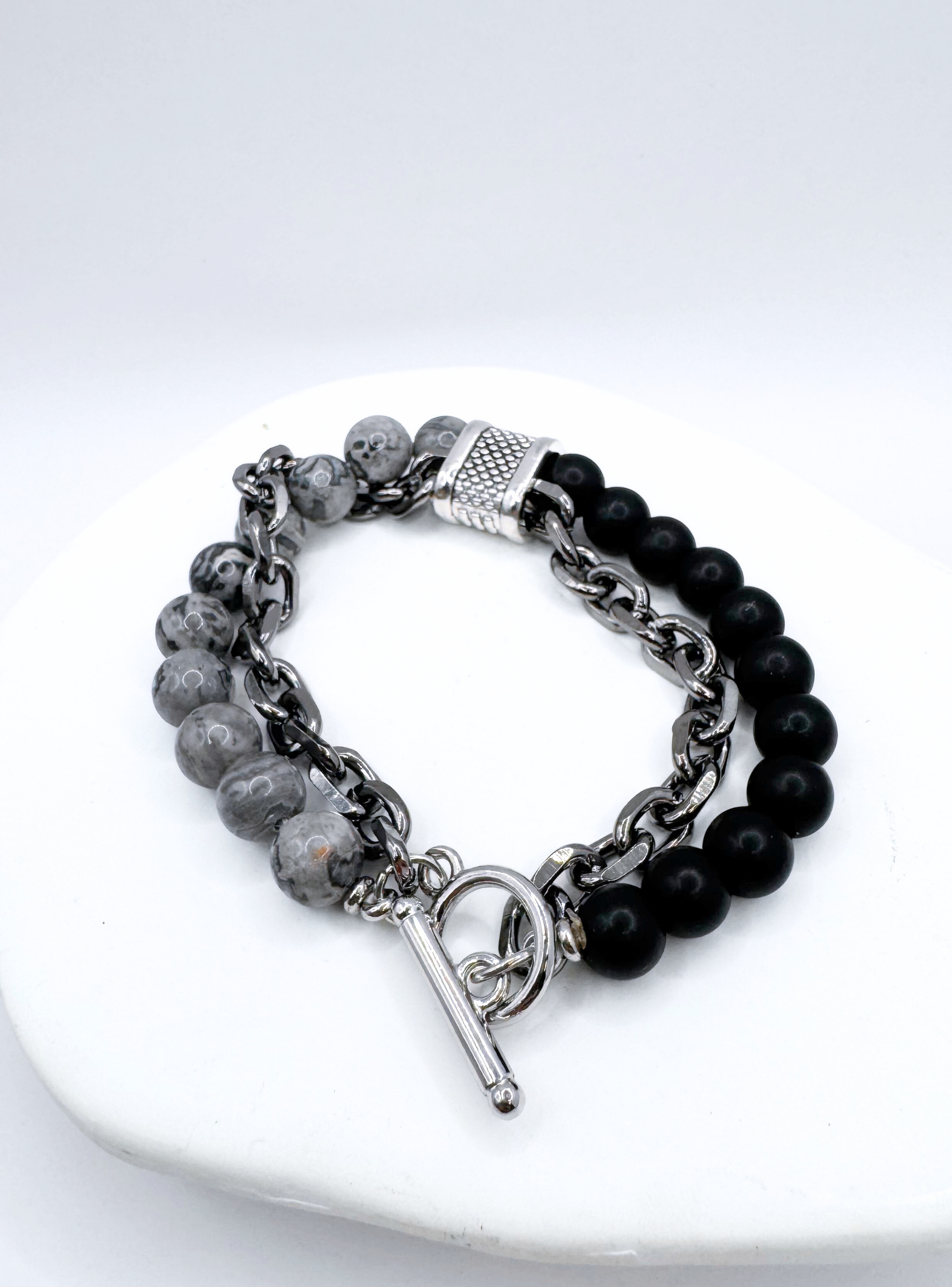 Pulsera Doble, Cadena Y Piedras, Cierre Ot, Regalo Hombre-3