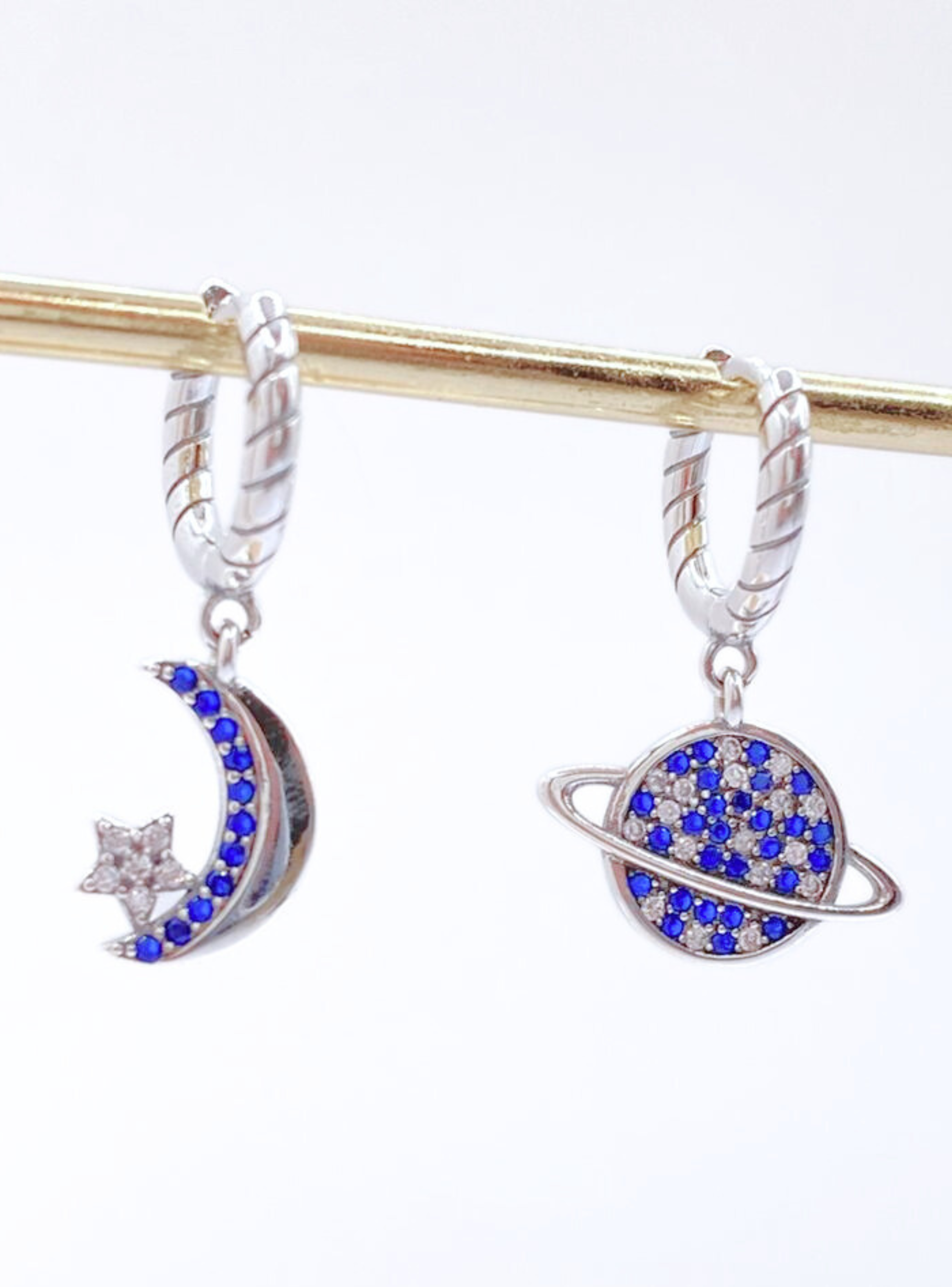 Aros Colgantes Universo, Plata 925, Circonitas Blancas y Azul-2