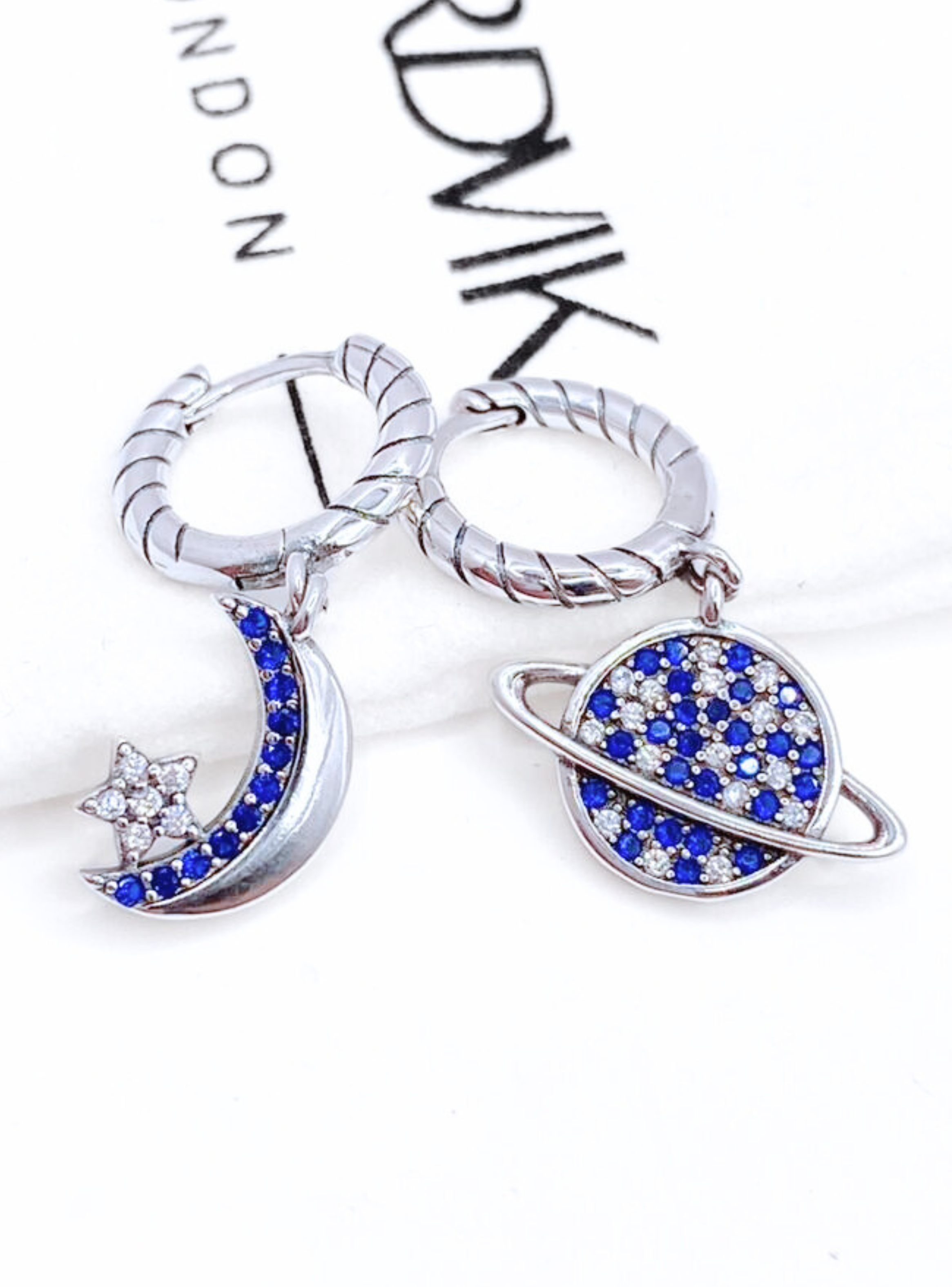 Aros Colgantes Universo, Plata 925, Circonitas Blancas y Azul-4