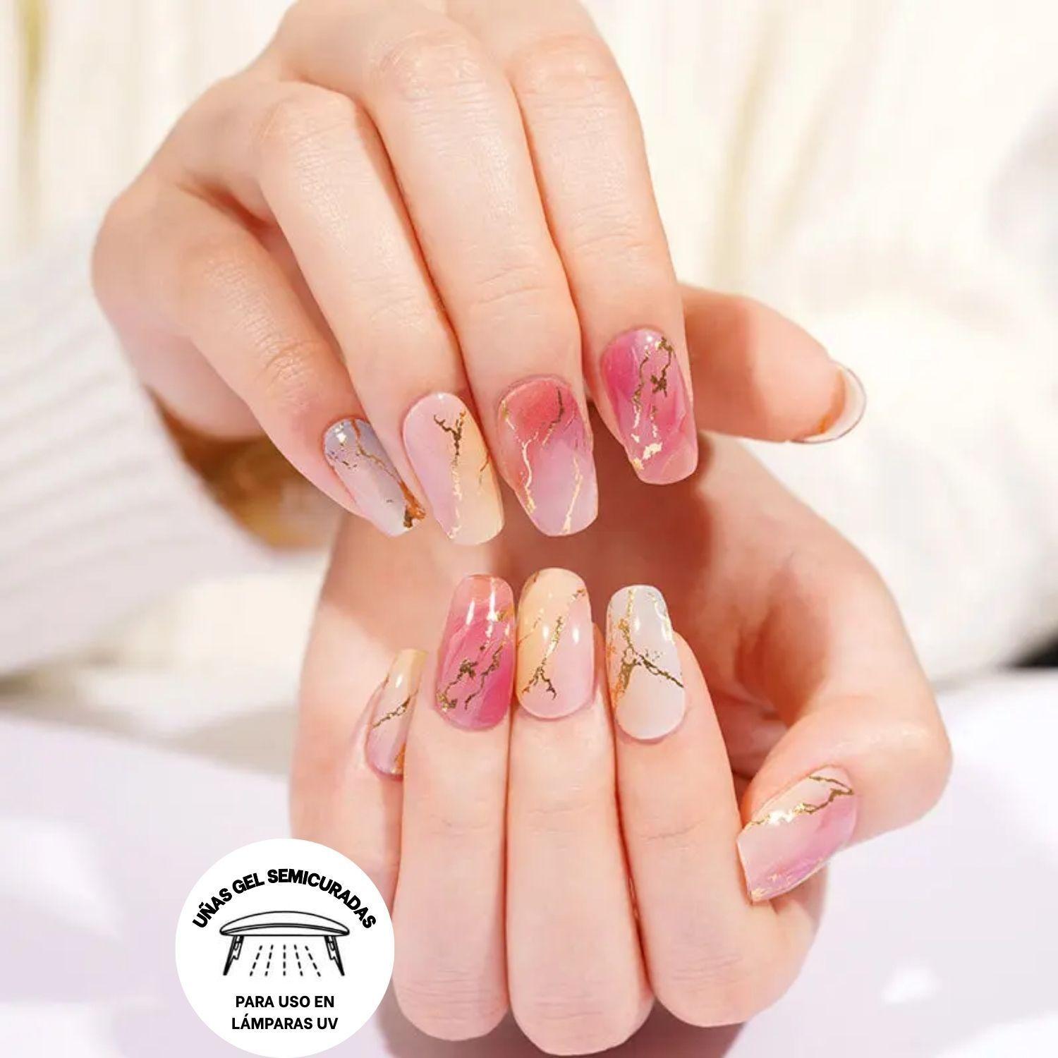 Uñas Gel Semi Curado Manicure - Mármol Pastel y Dorado-2