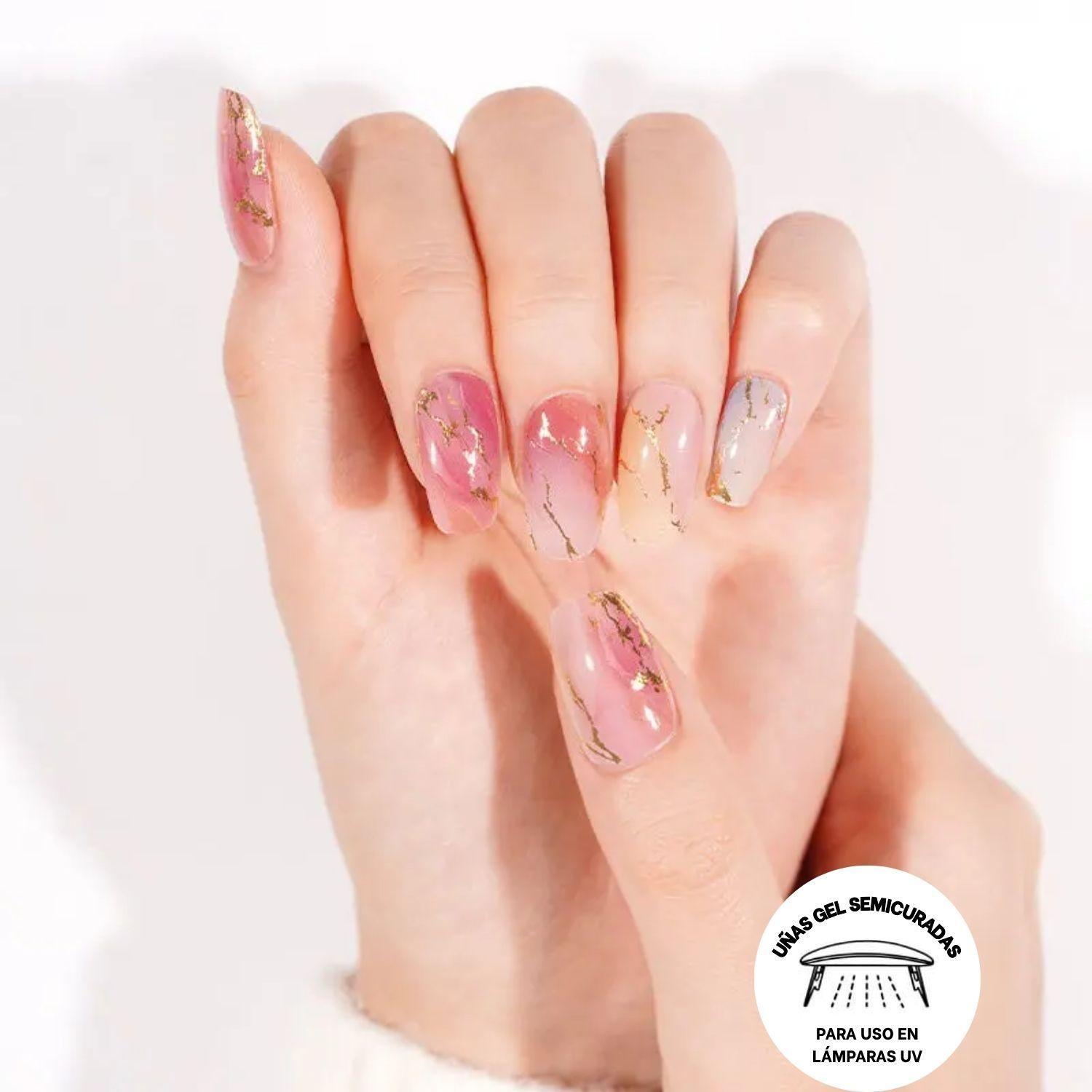 Uñas Gel Semi Curado Manicure - Mármol Pastel y Dorado-3