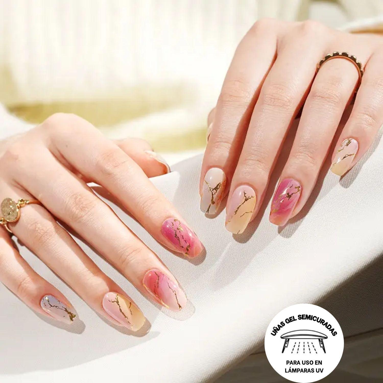 Uñas Gel Semi Curado Manicure - Mármol Pastel y Dorado-4
