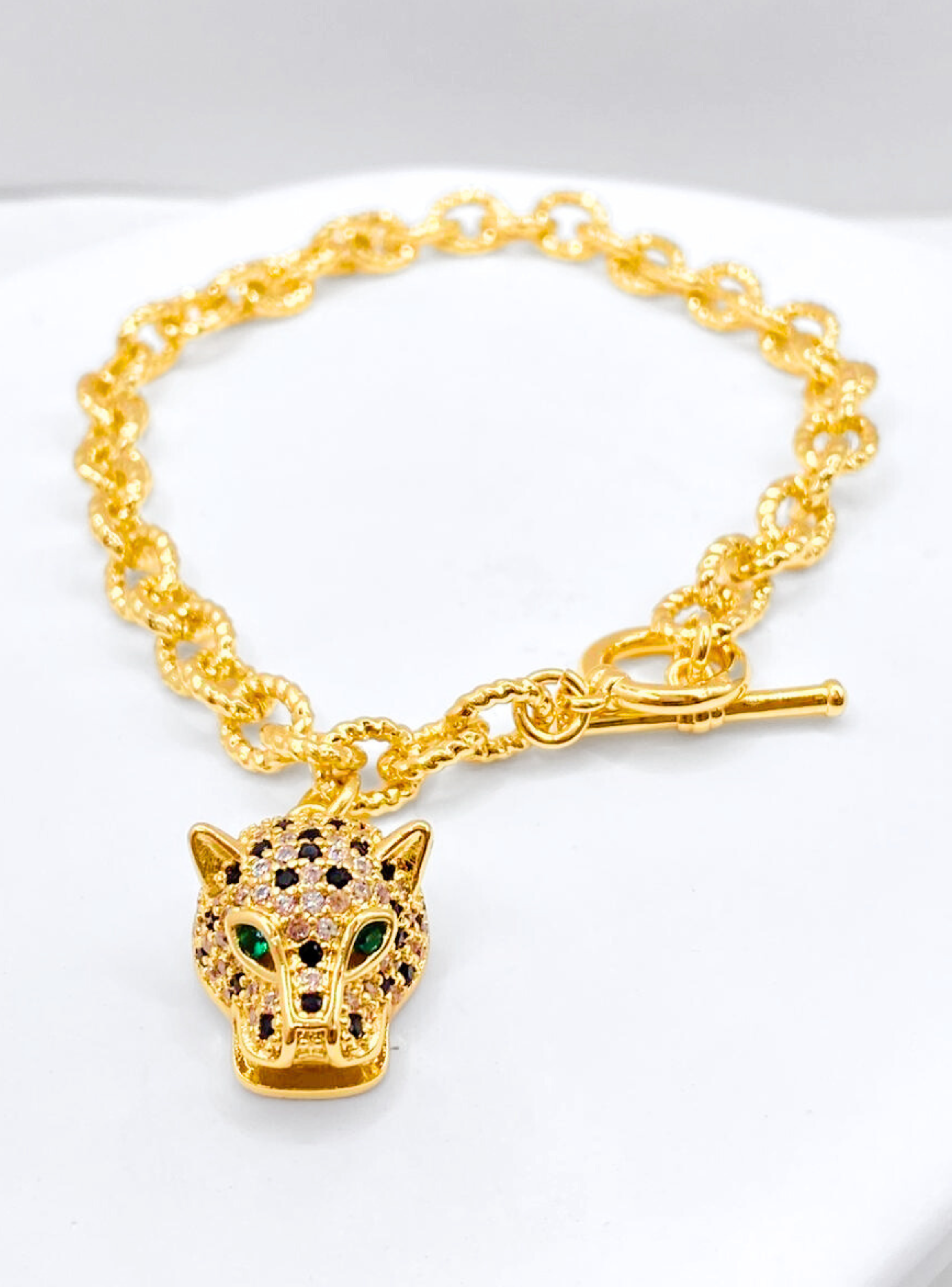 Pulsera Cabeza Leopardo, Circonita Cubica Verde y Negra.-1