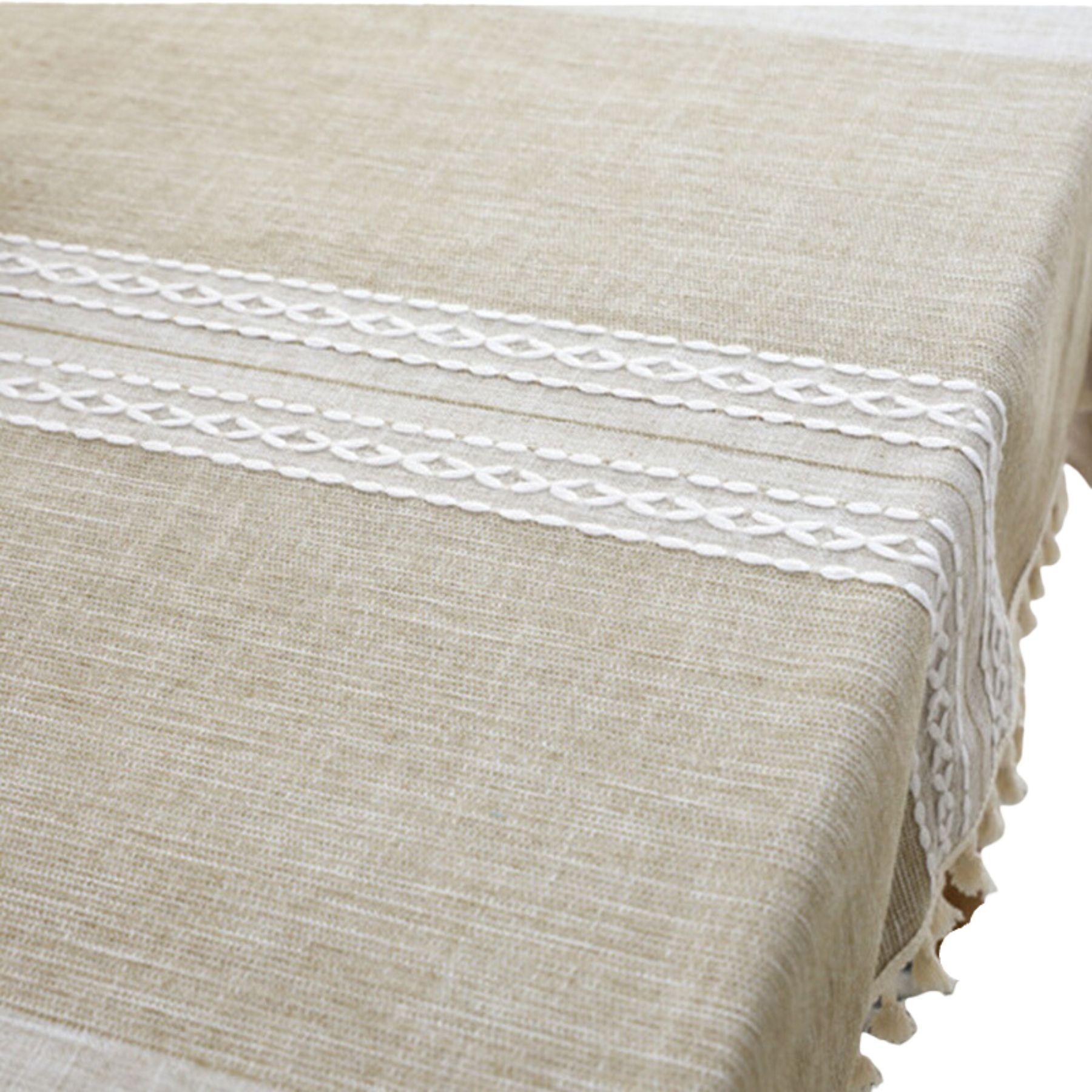 Mantel Rectangular Café Claro Con Bordados Blancos Centrales-0