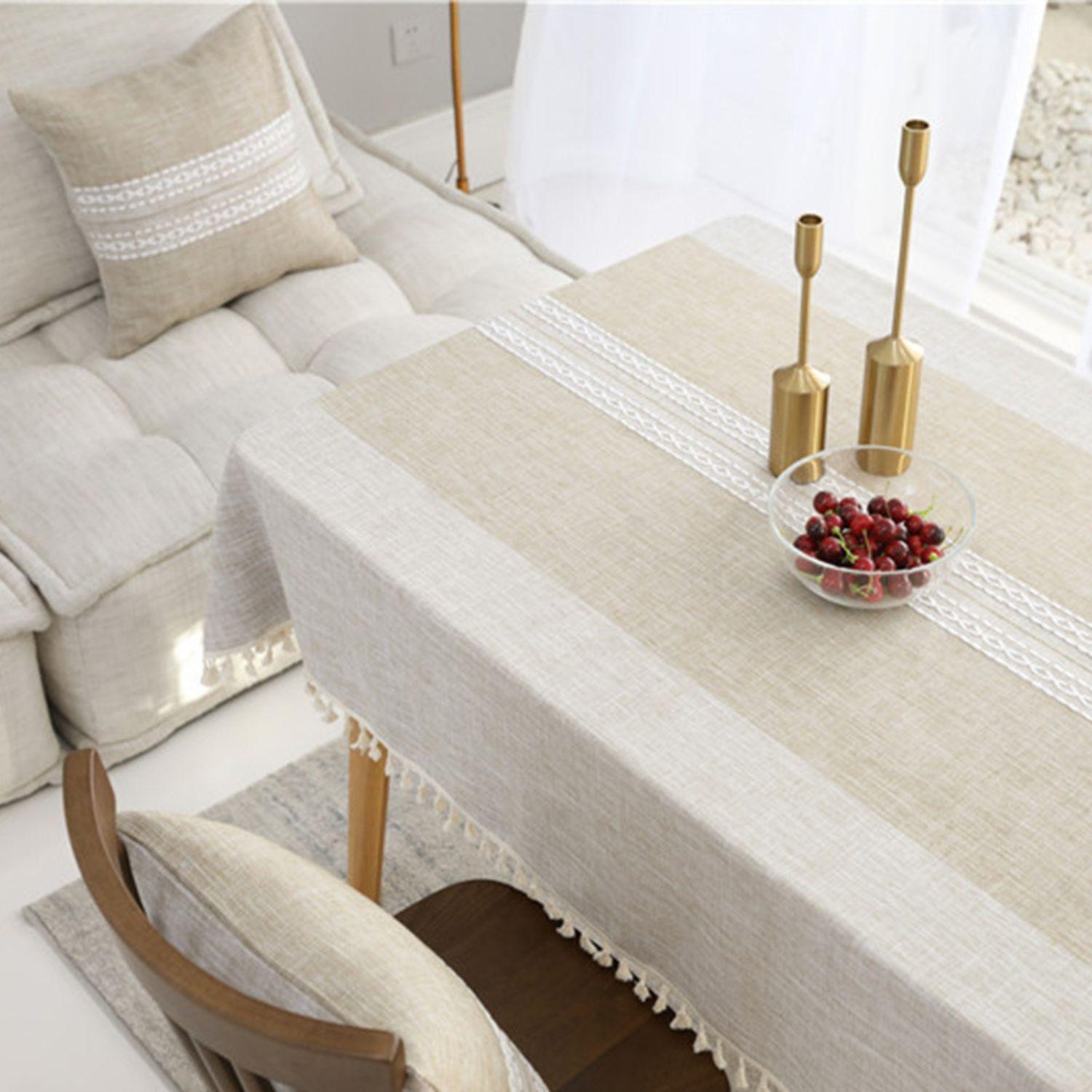 Mantel Rectangular Café Claro Con Bordados Blancos Centrales-3