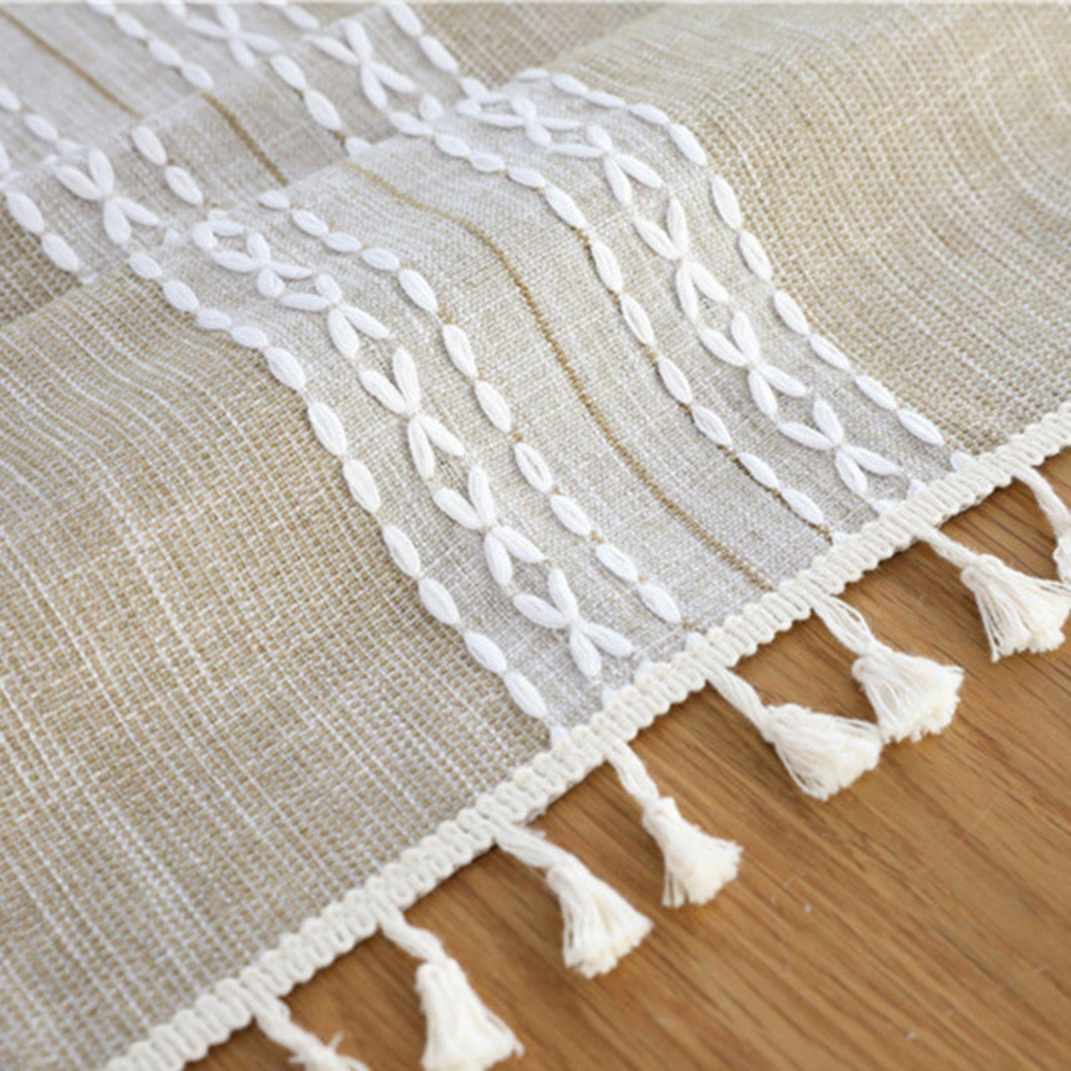 Mantel Rectangular Café Claro Con Bordados Blancos Centrales-2