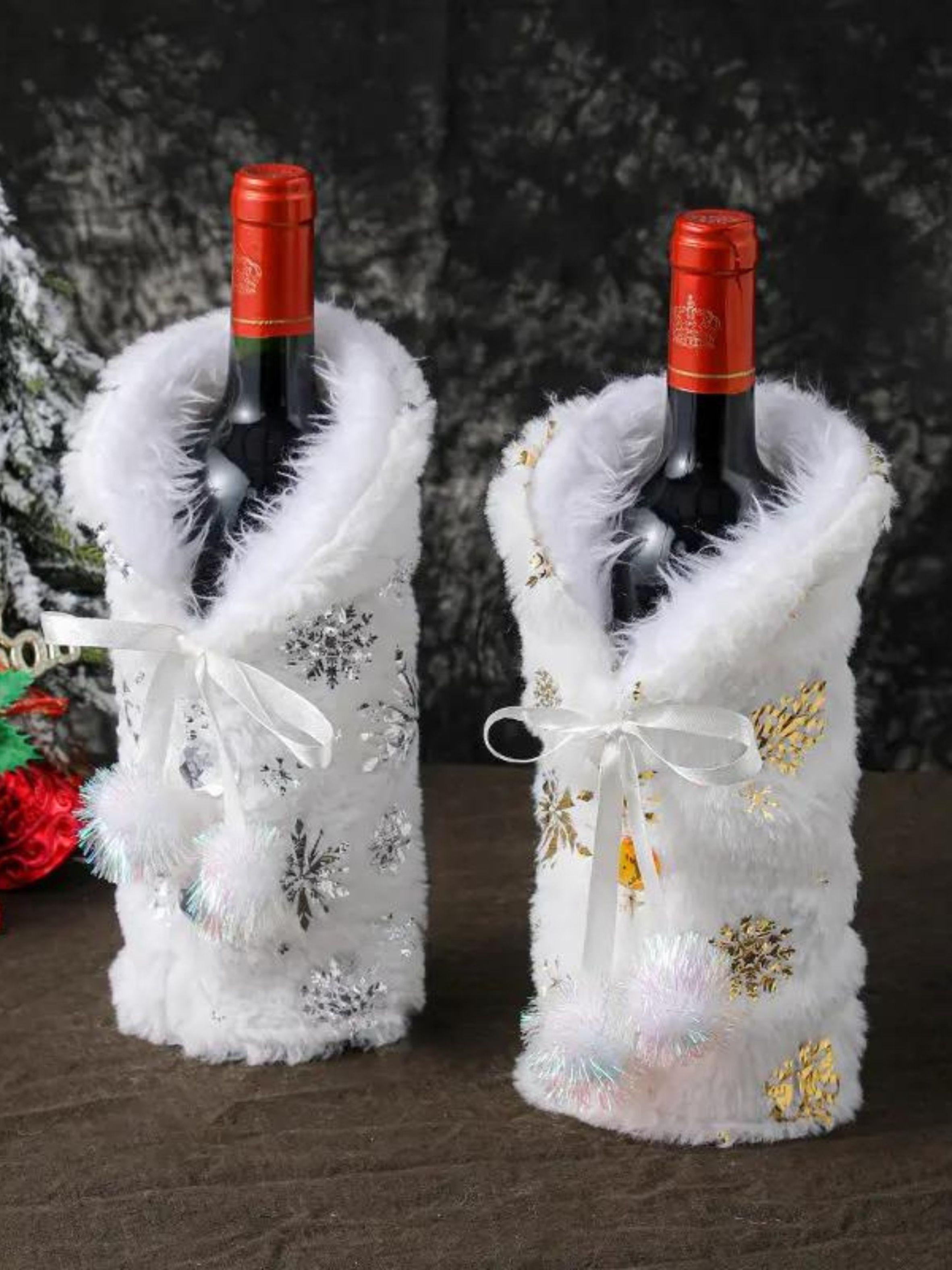 Pack de 3 Cubierta de botella vino de Navidad, blanca plateada-1