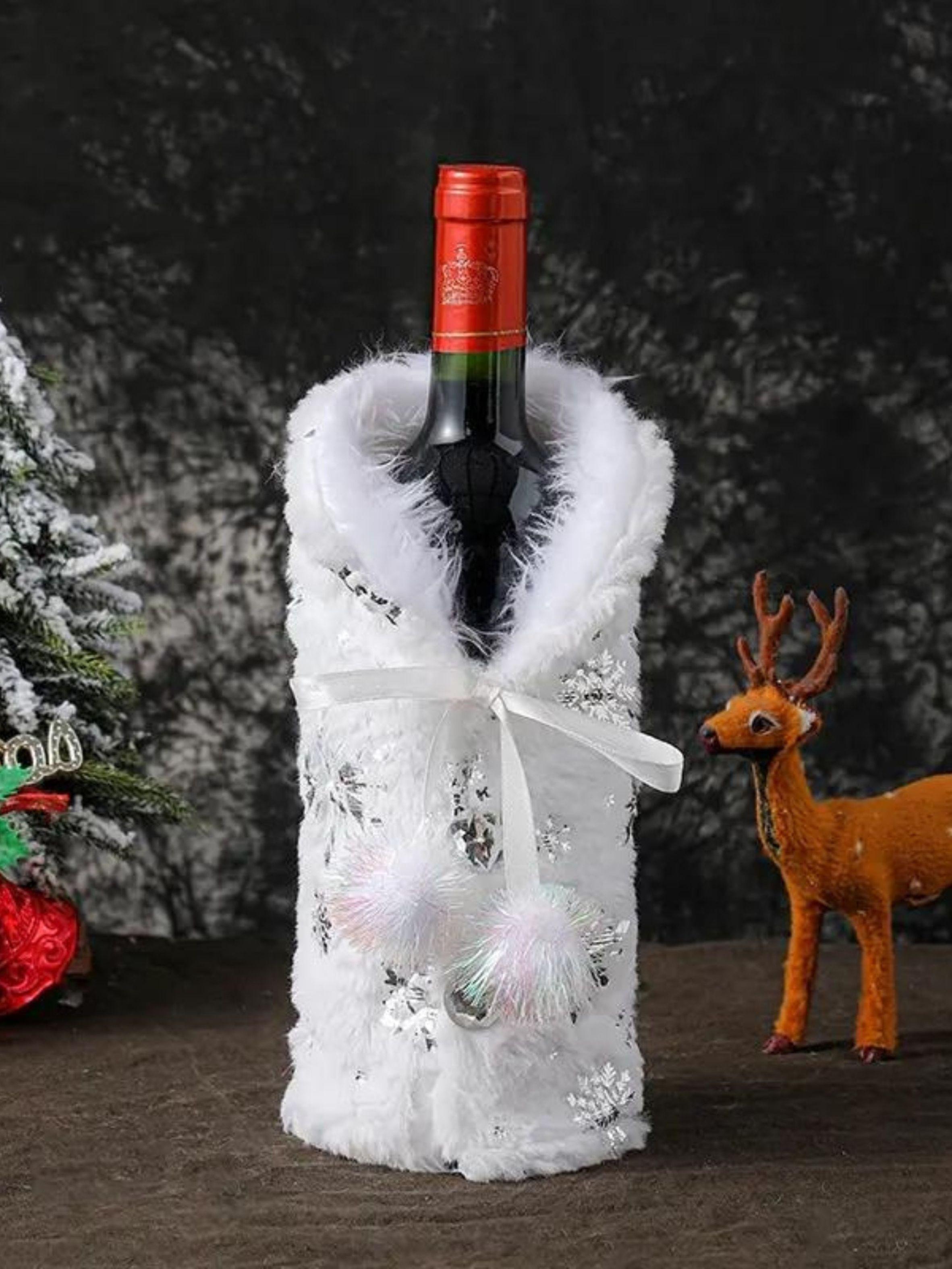 Pack de 3 Cubierta de botella vino de Navidad, blanca plateada-2