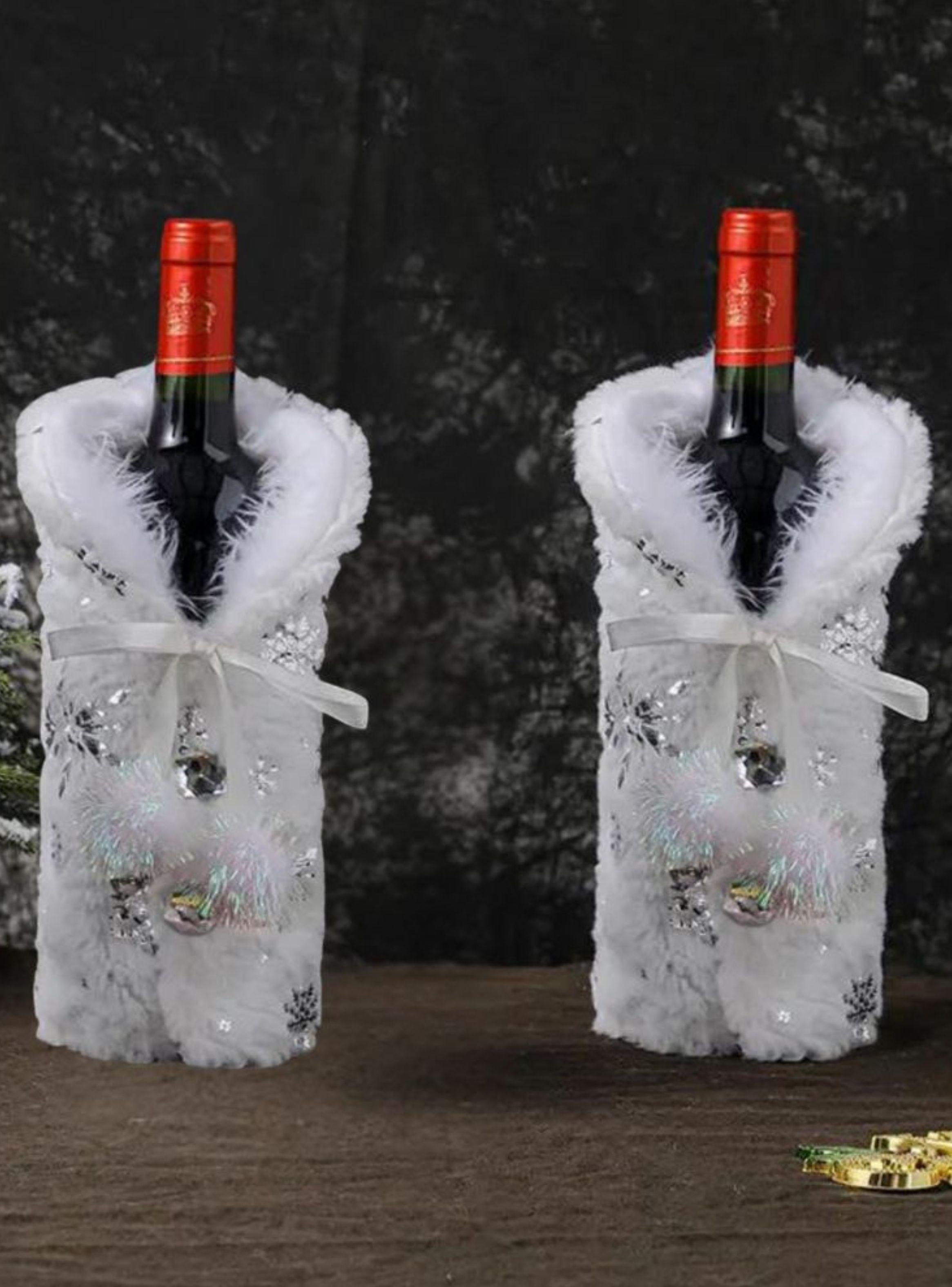 Pack de 2 Cubre botellas de vino de Navidad, blanca plateada-3