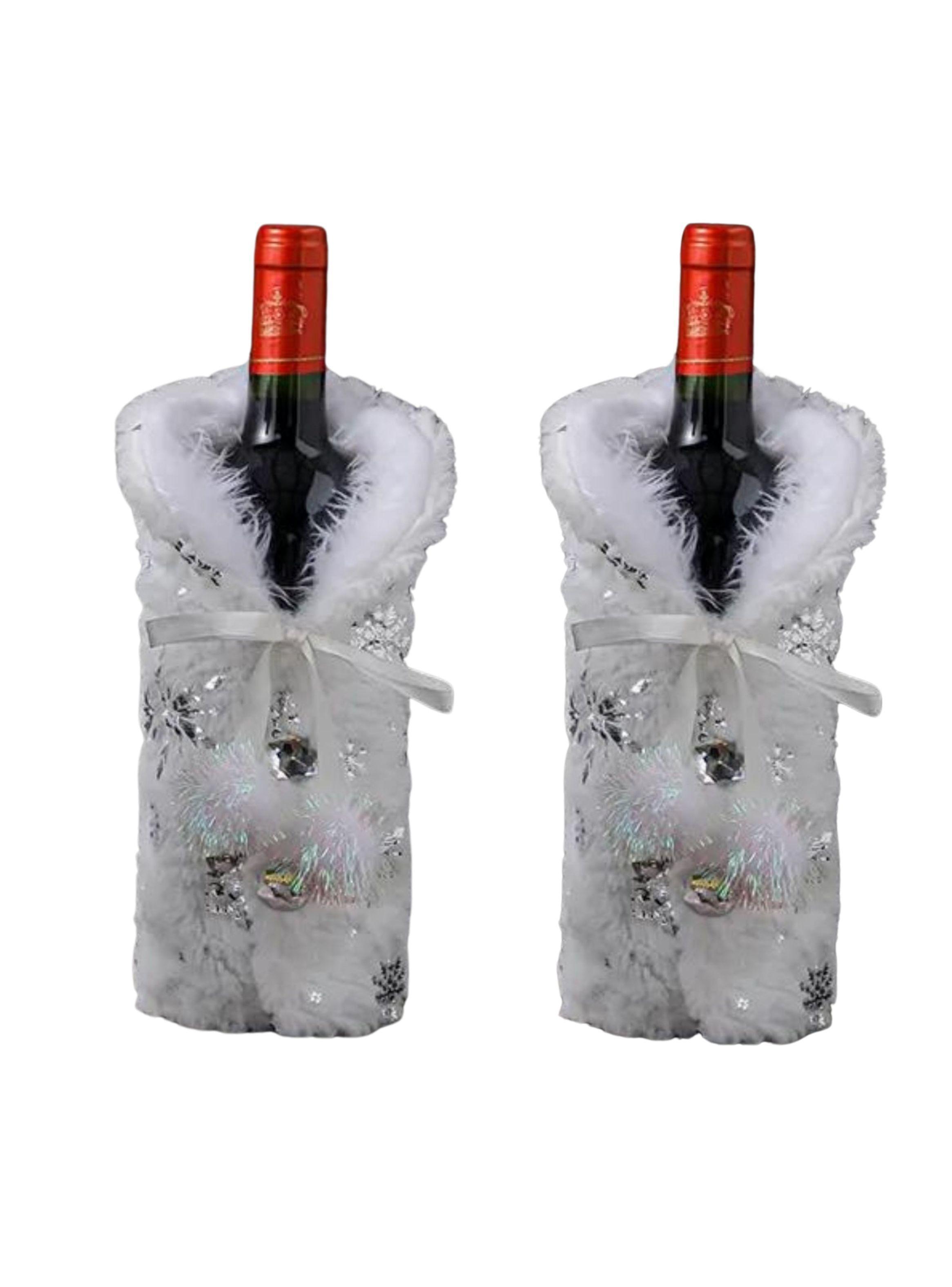 Pack de 2 Cubre botellas de vino de Navidad, blanca plateada-0