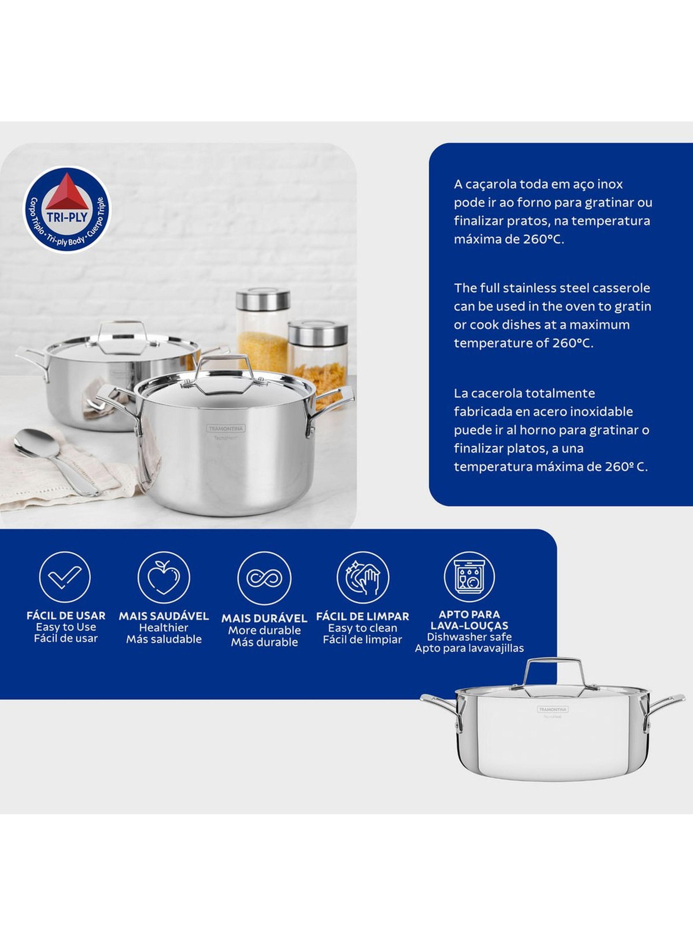 Cacerola Tramontina Grano rasa de acero inoxidable cuerpo triple con tapa y asas 24 cm 4 7 L-7