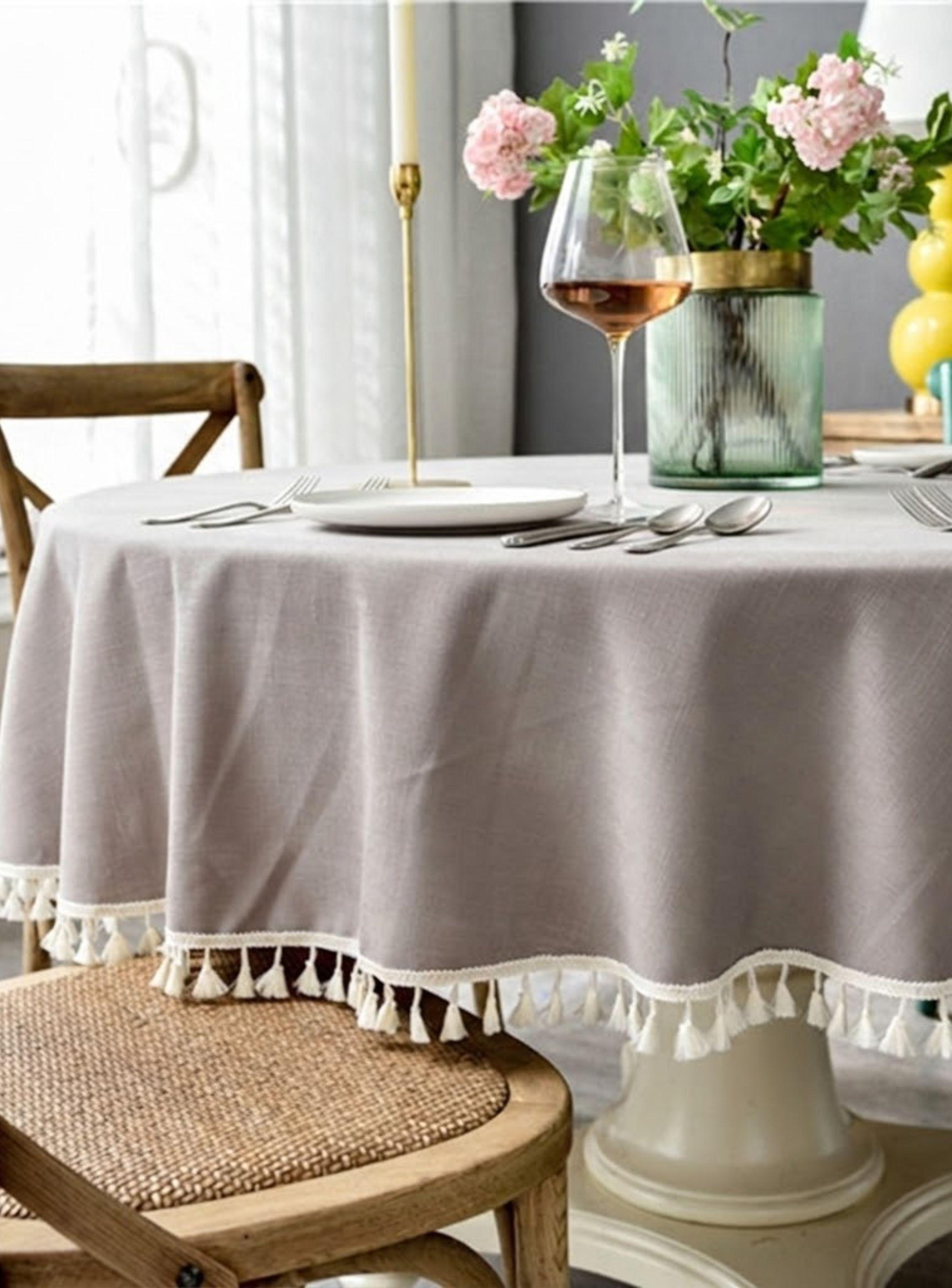 Set Mantel redondo 220 cm gris y Cuchiller a 72 piezas para 12 personas-2