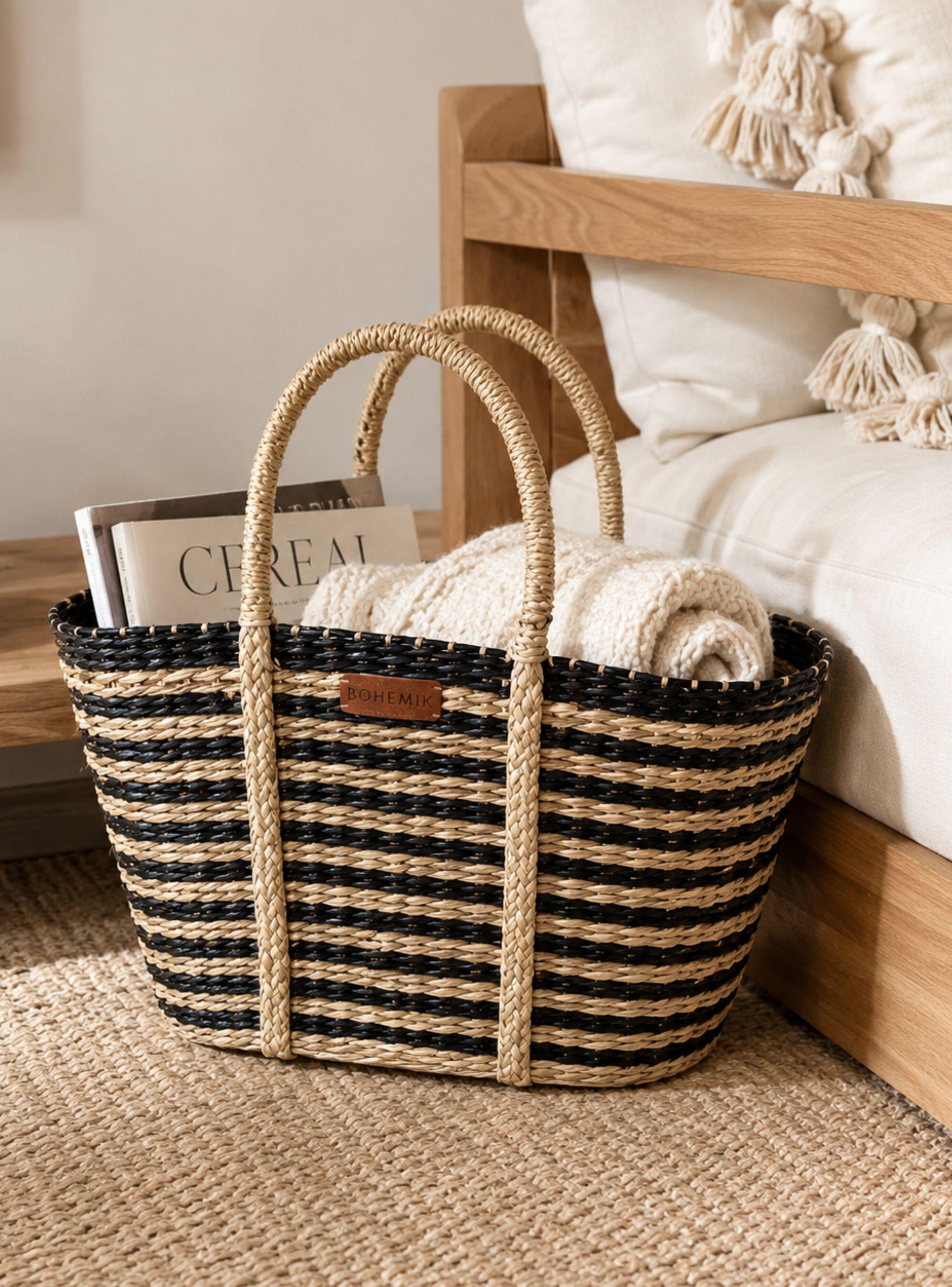 Bolso Janet Boho de fibra natural con Líneas Negras Tejido a Mano 45 cm x 27 cm-1
