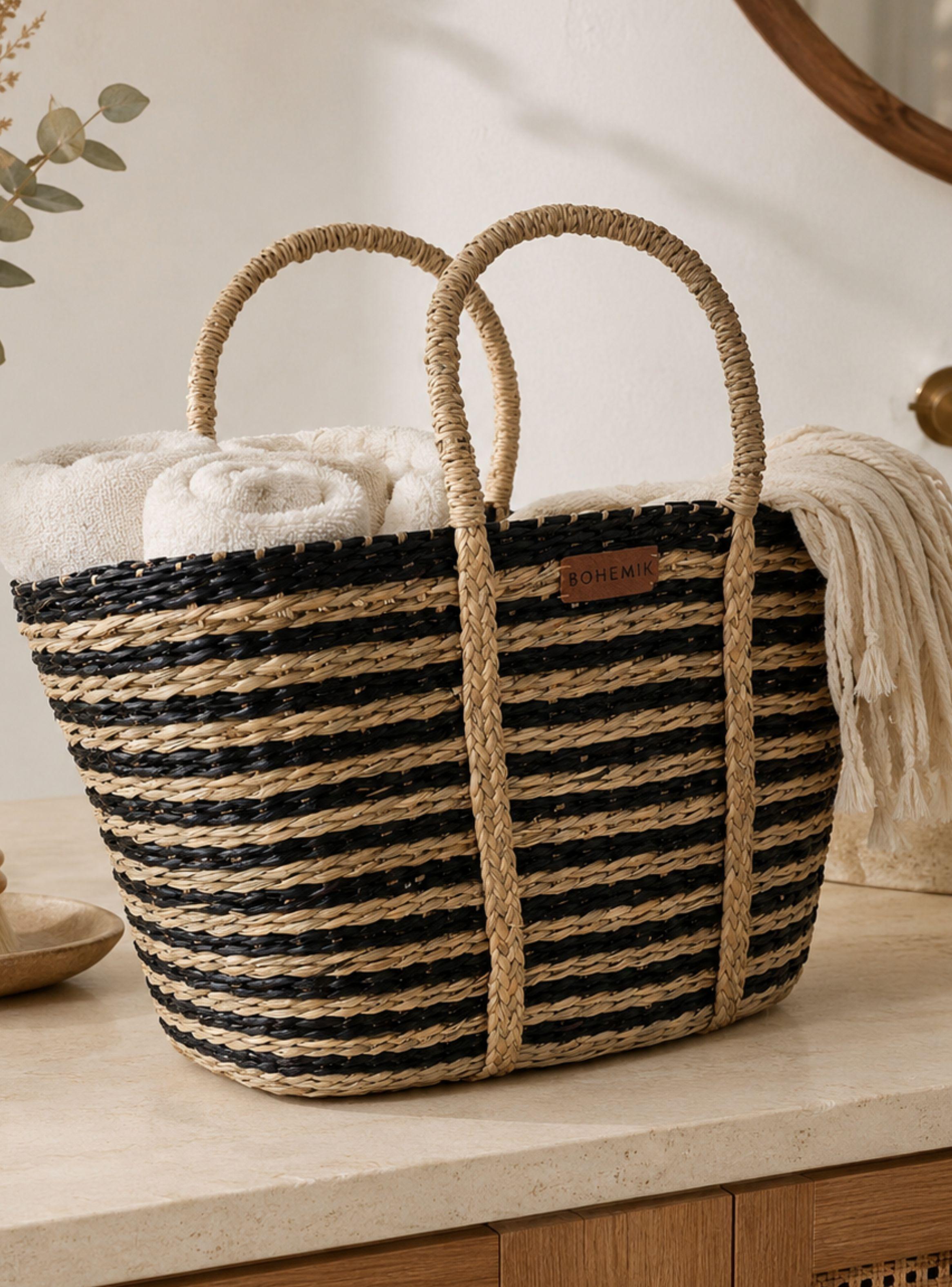 Bolso Janet Boho de fibra natural con Líneas Negras Tejido a Mano 45 cm x 27 cm-2