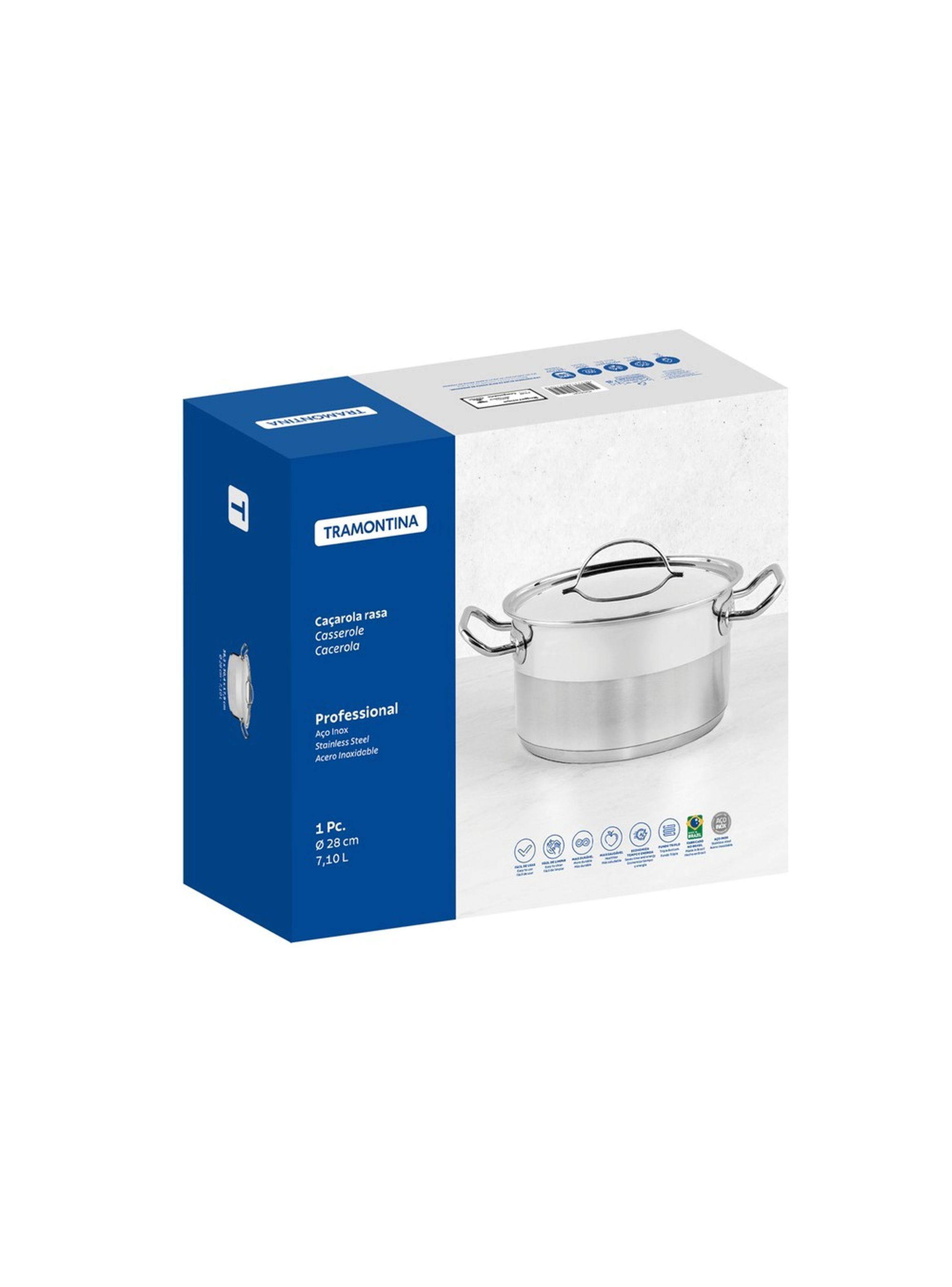 Cacerola Tramontina Professional rasa de acero inoxidable fondo triple con tapa plana detalle satina-3
