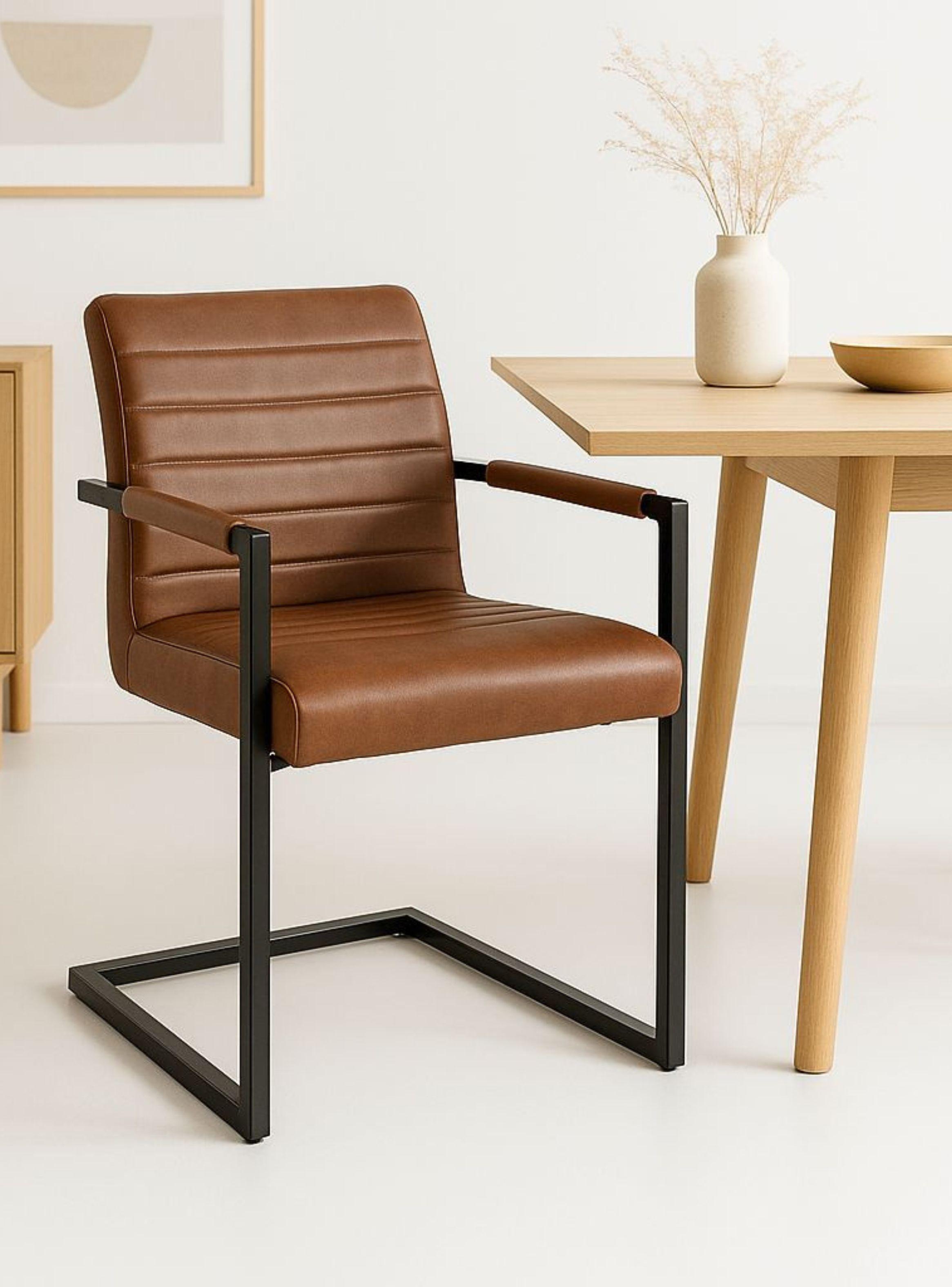 Silla Industrial de Cuero Sint tico Marr n con Base Met lica Caf-3