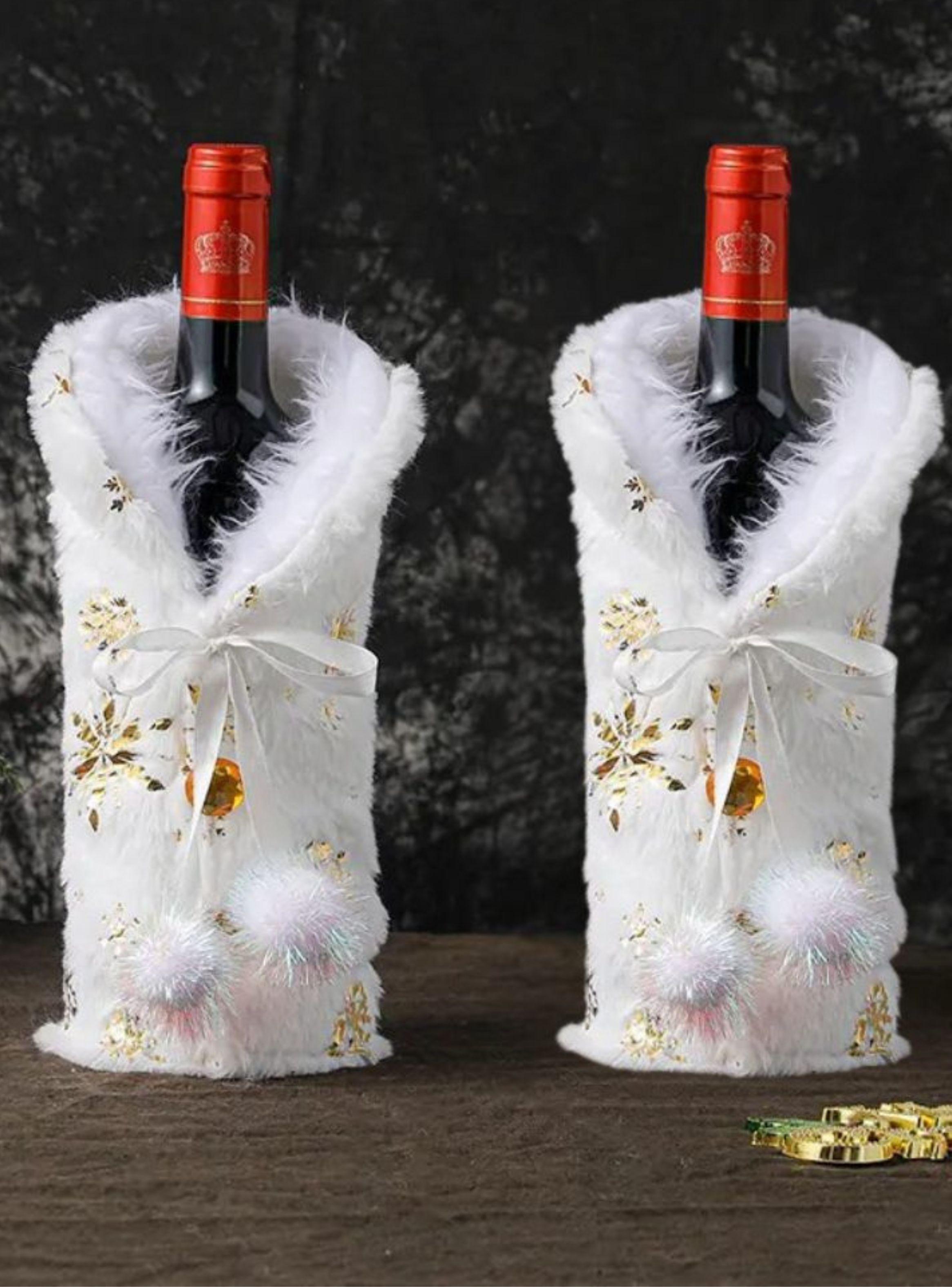 Pack de 2 Cubre botella de vino de Navidad, blanca dorada-5