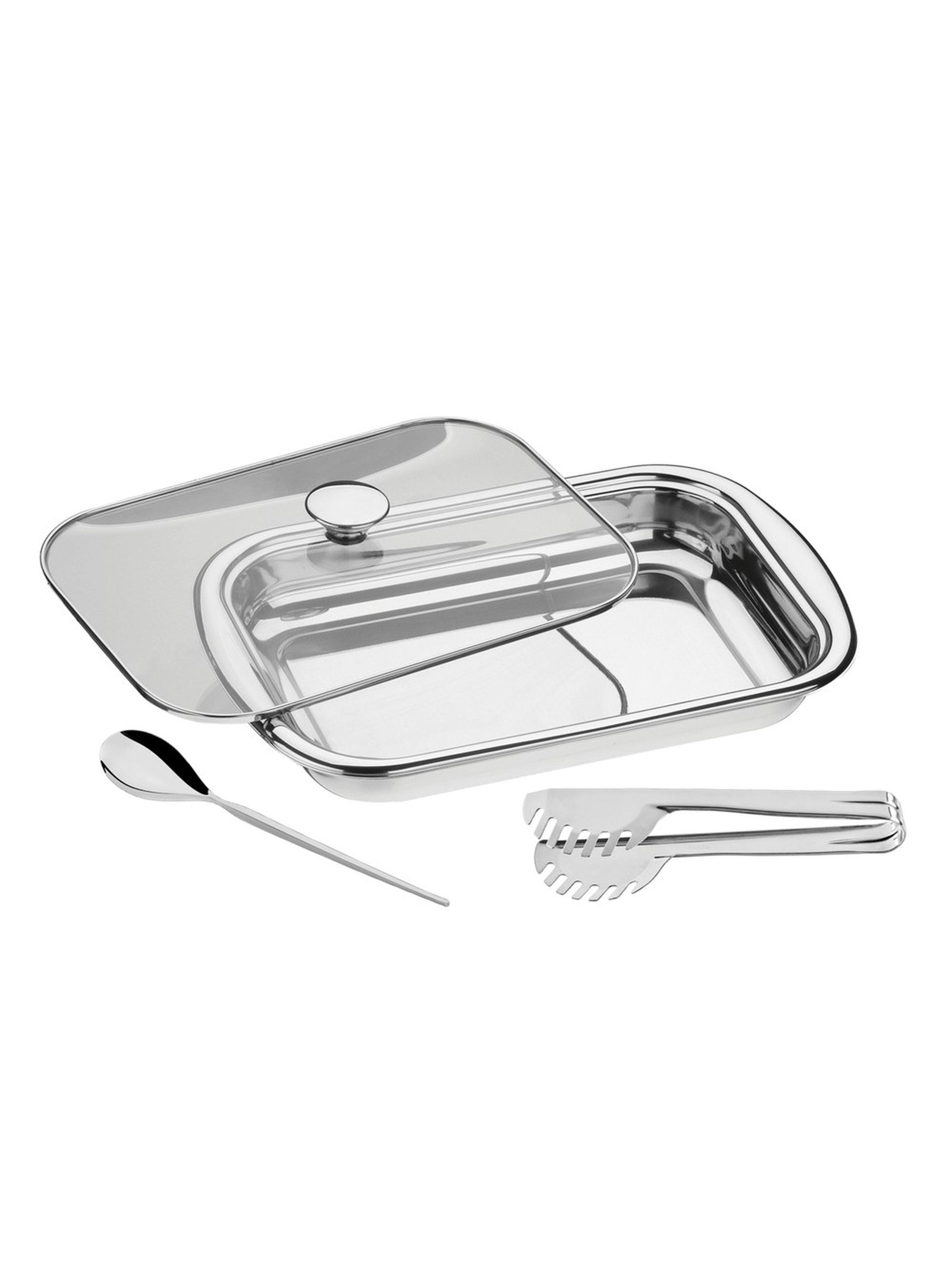 Juego para hornear y servir Cosmos de acero inoxidable con tapa de vidrio de 3 piezas Tramontina-1