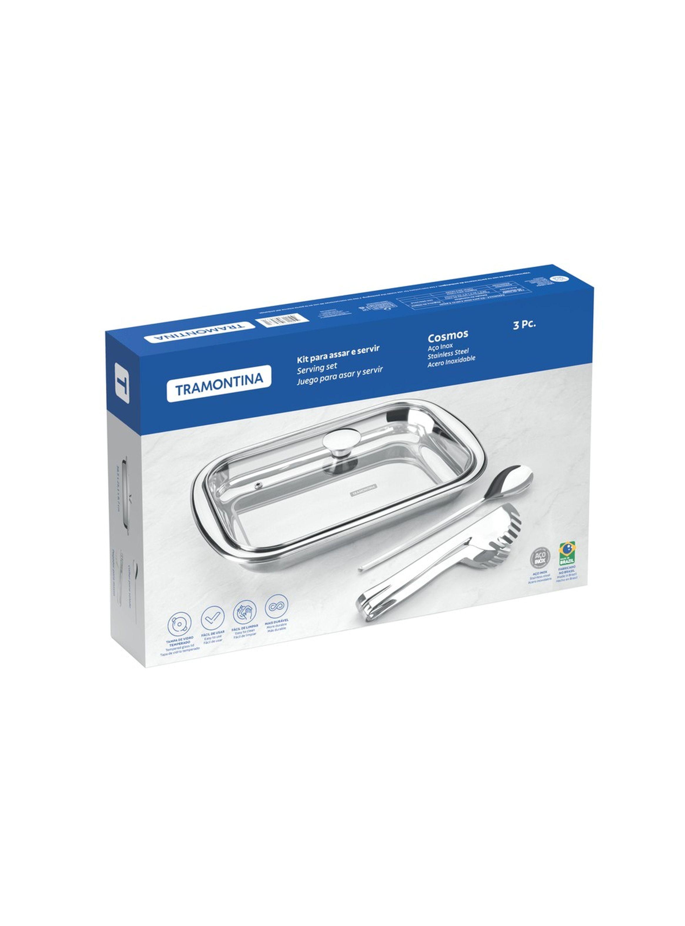 Juego para hornear y servir Cosmos de acero inoxidable con tapa de vidrio de 3 piezas Tramontina-2