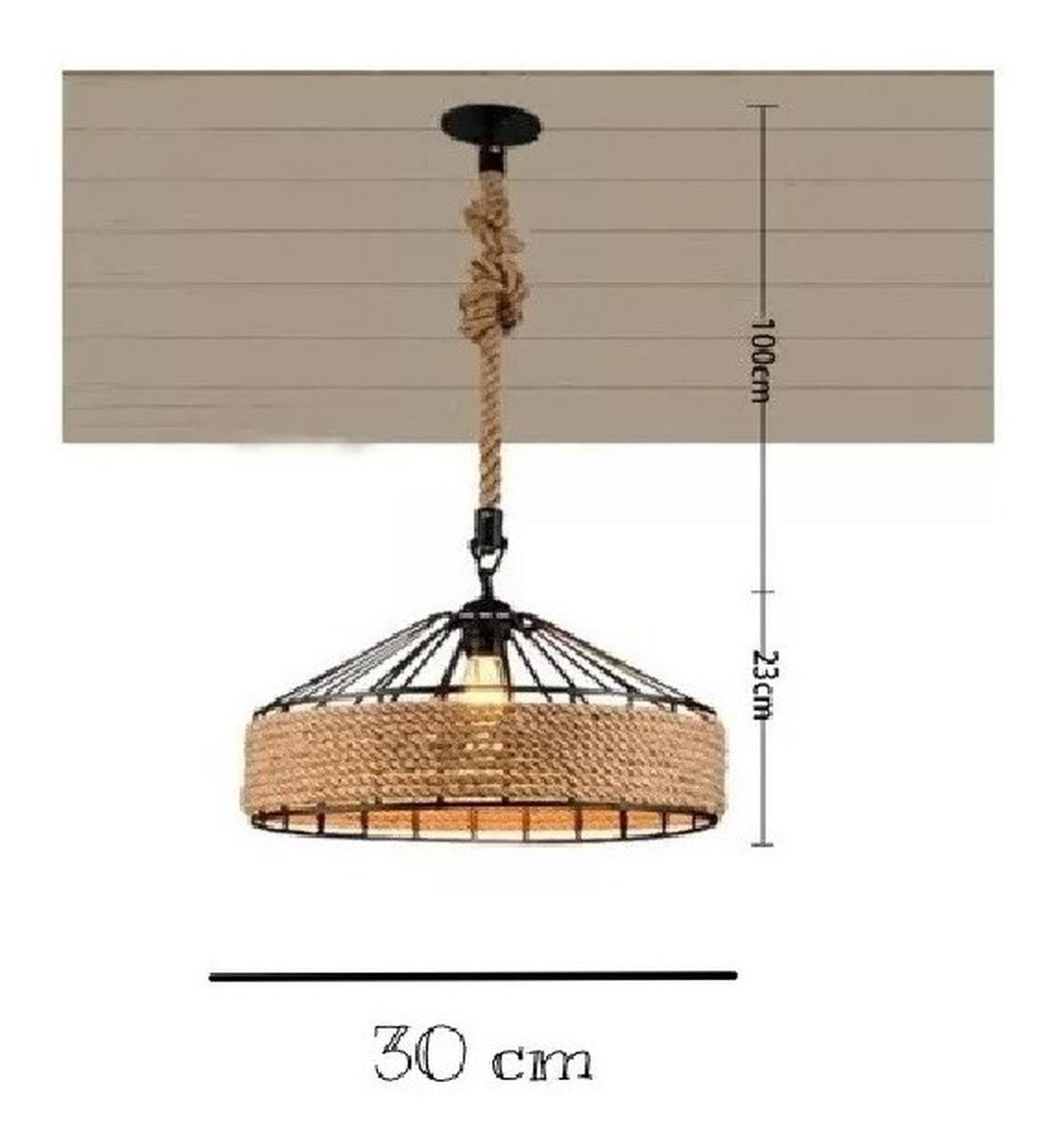 Lampara Colgante 30 Cm Con Cuerda Cáñamo - Metal Rustica Col Negro-3