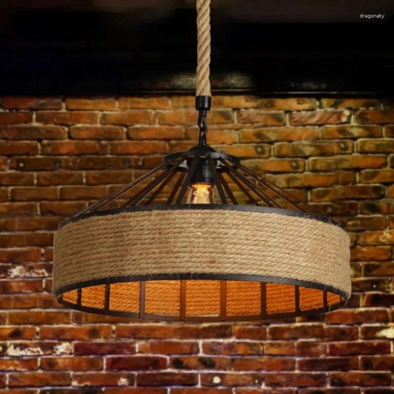 Lampara Colgante 30 Cm Con Cuerda Cáñamo - Metal Rustica Col Negro-6