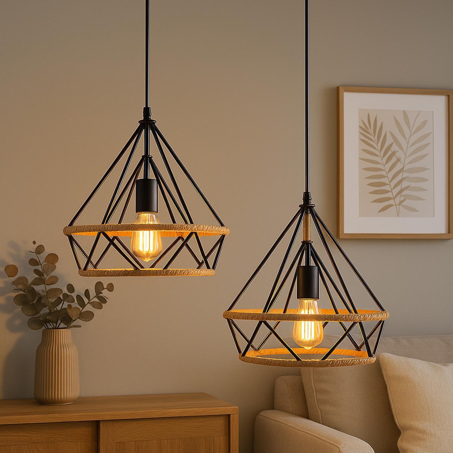 Pack X2 Lampara Colgante Rustica Vintage Diamante Con Cañam Negro-2