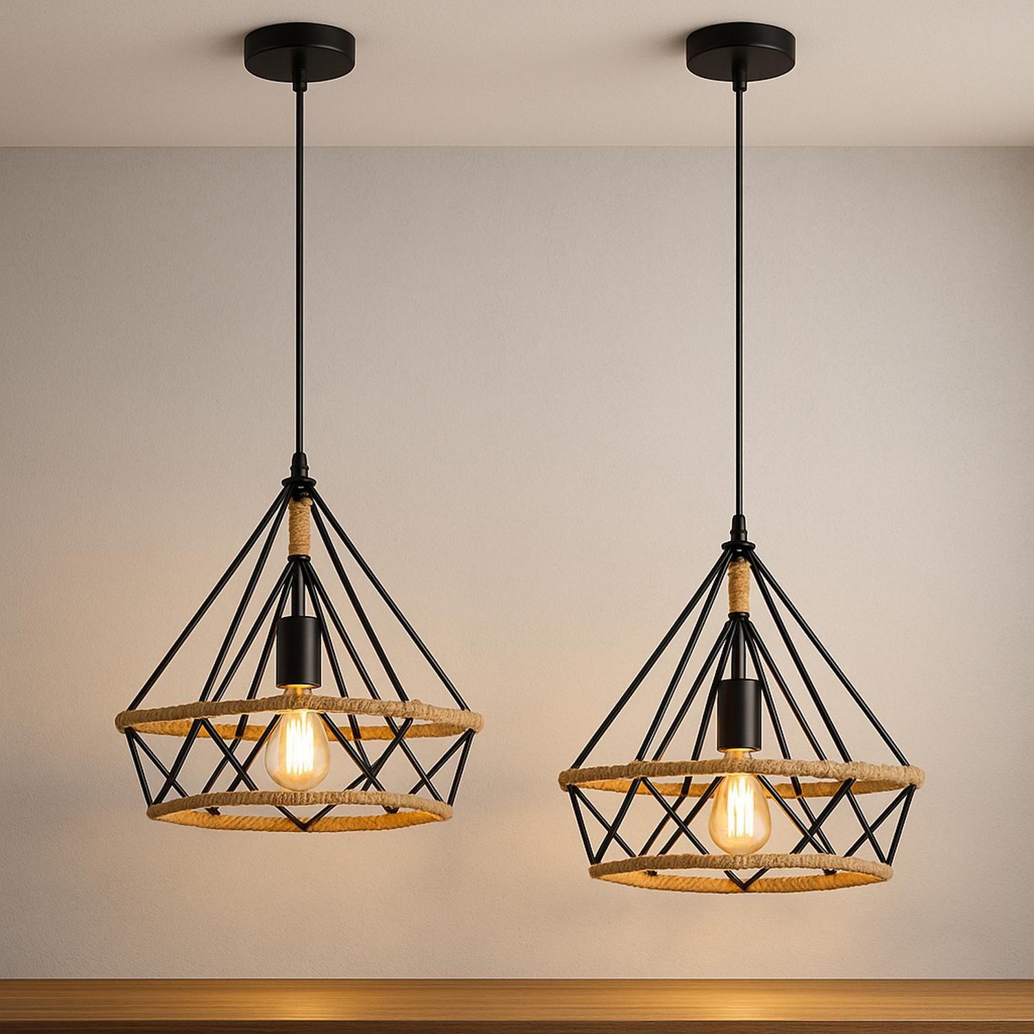 Pack X2 Lampara Colgante Rustica Vintage Diamante Con Cañam Negro-4