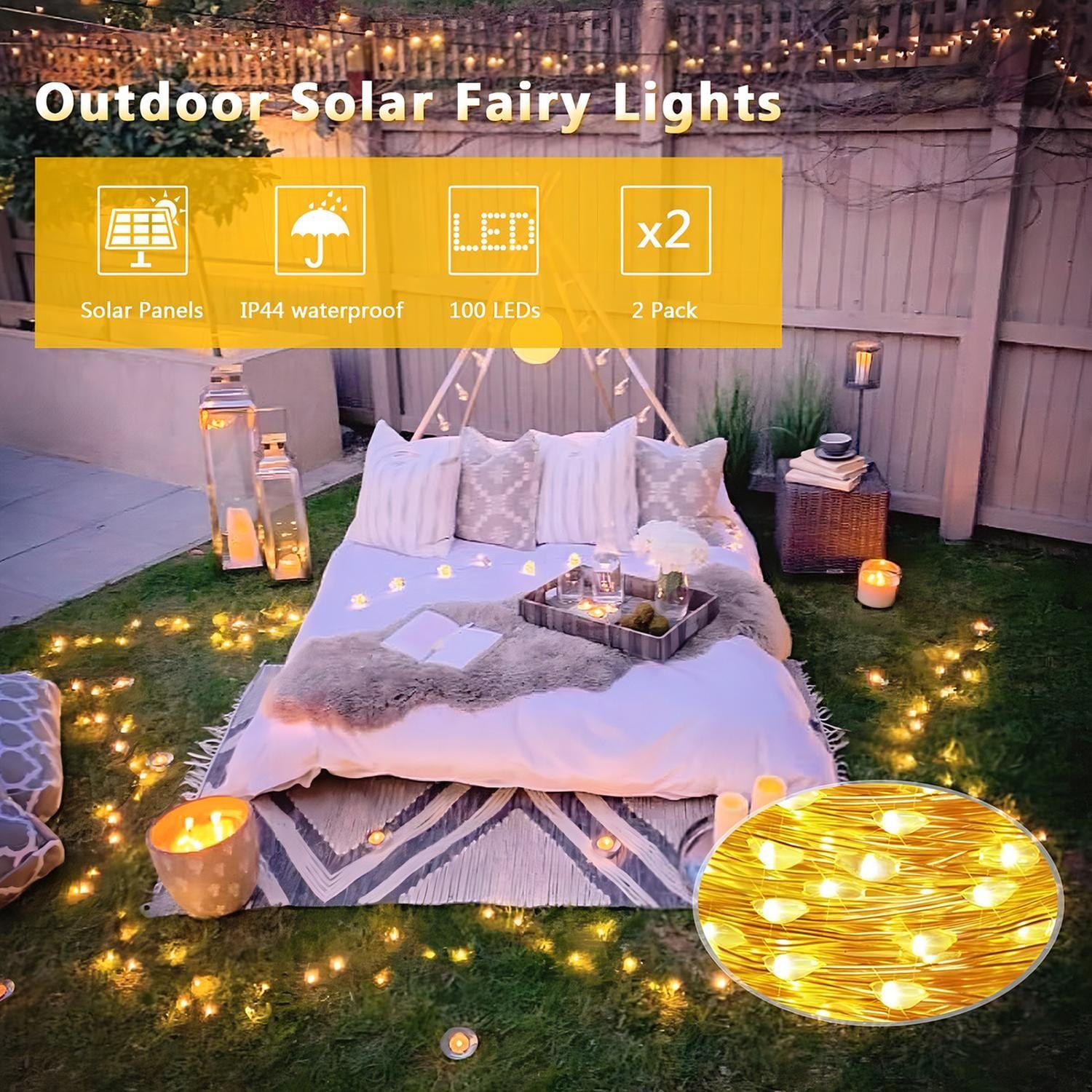 Pack X2 Luz Guirnalda Solar 200 Led Cálida Decoracion 20mts Amarillo-5