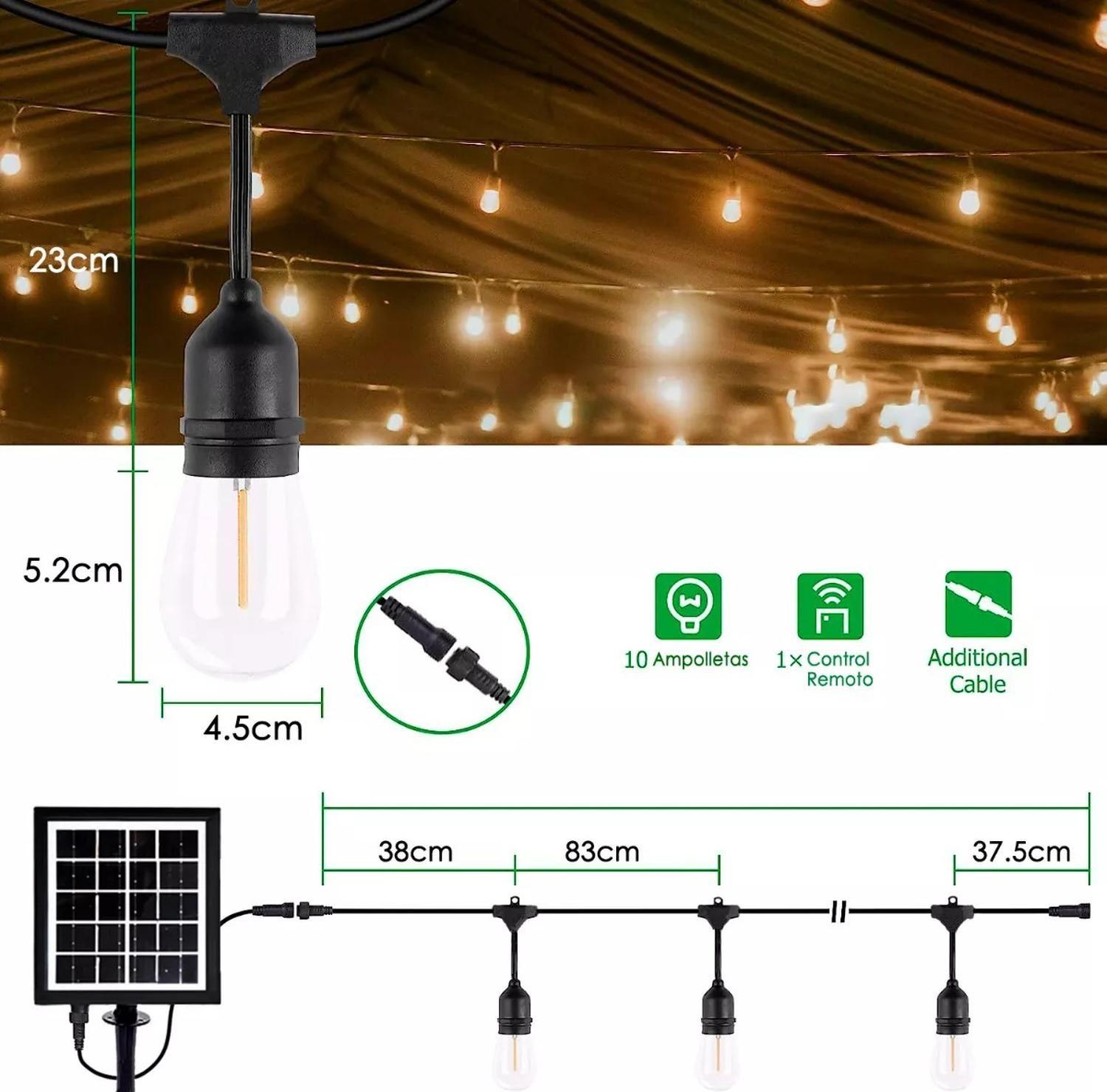 Guirnalda 10 Metros Panel Solar Led Calida Color Negro-2