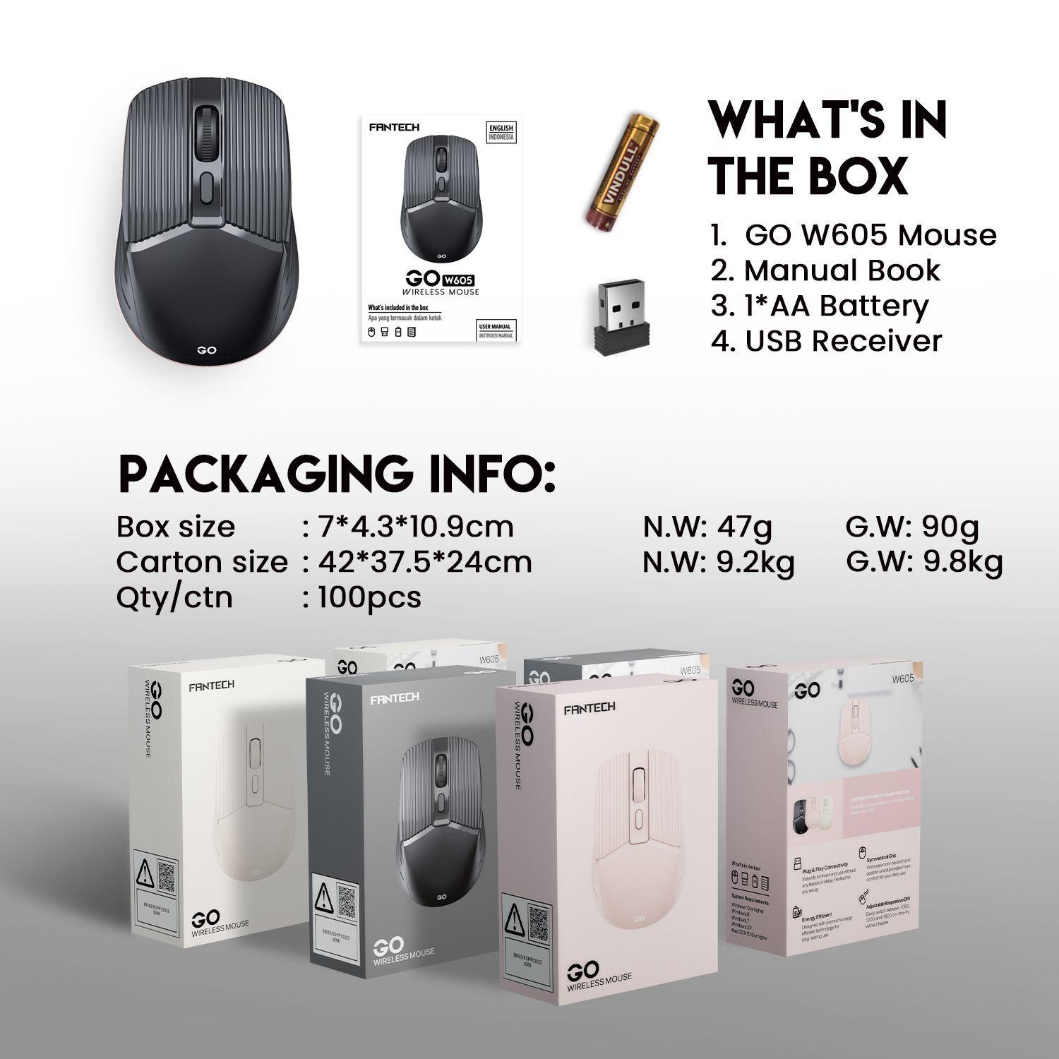 Mouse Inalámbrico Fantech W605 GO Ergonómico 1600 DPI Plug & Play Portátil-6