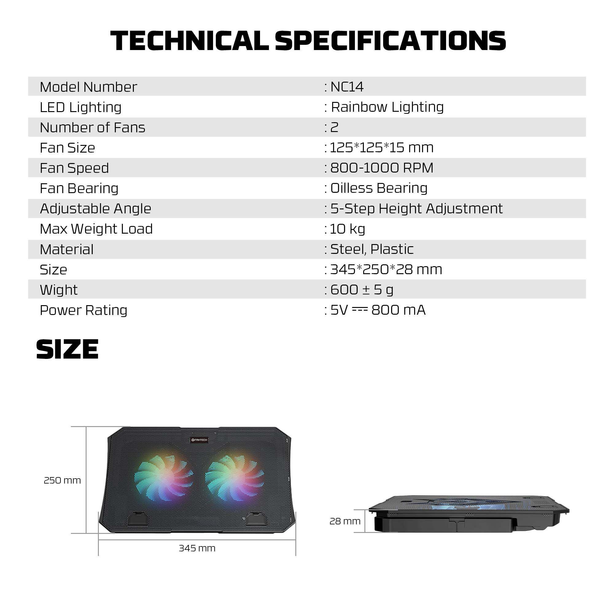 Base de Notebook Fantech NC14 RGB – Ventilación, Altura Ajustable y Soporte 15.6”-7