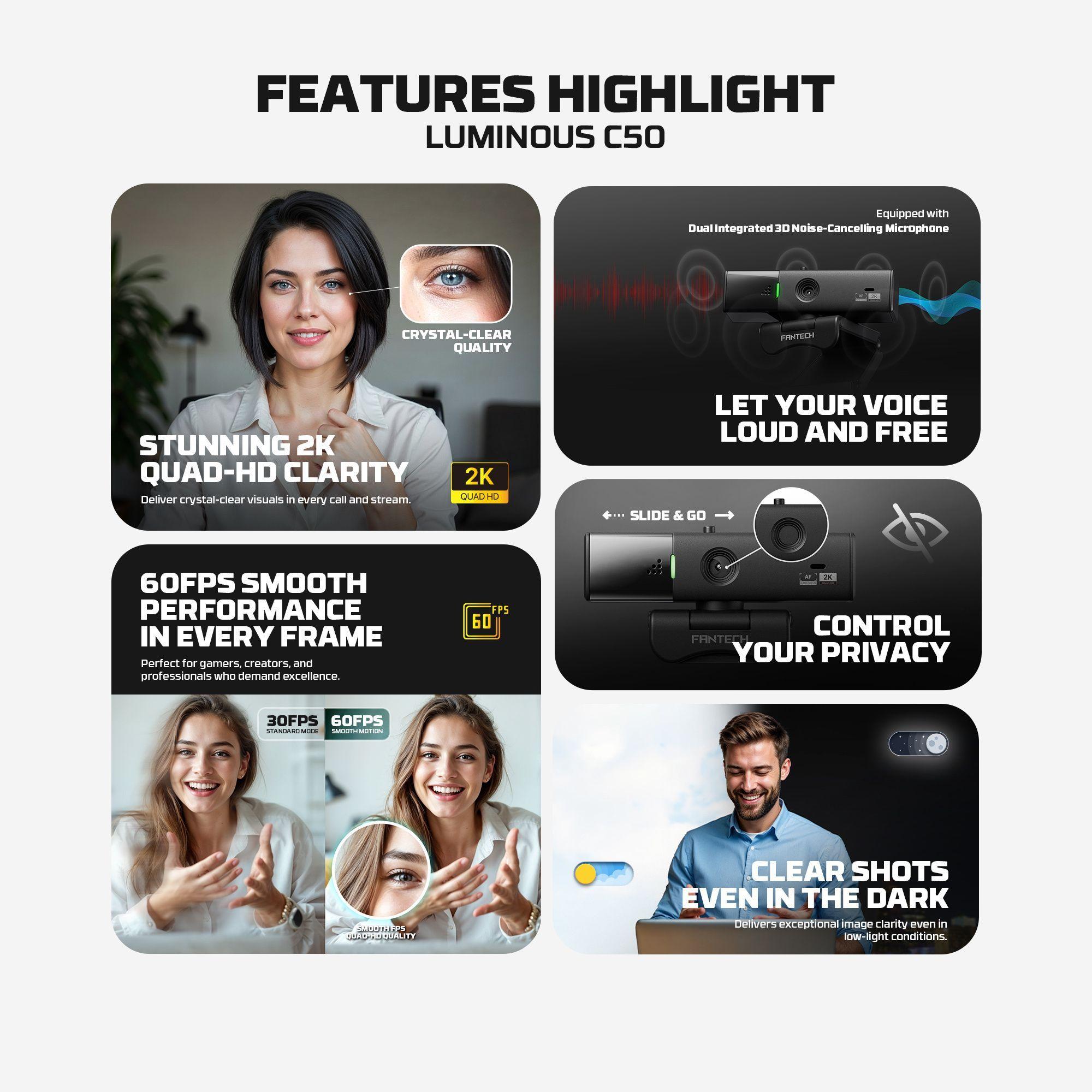 Webcam Fantech C50 Luminous 2K Quad HD con Micrófonos Duales y Enfoque Automático - Cámara web pc-4