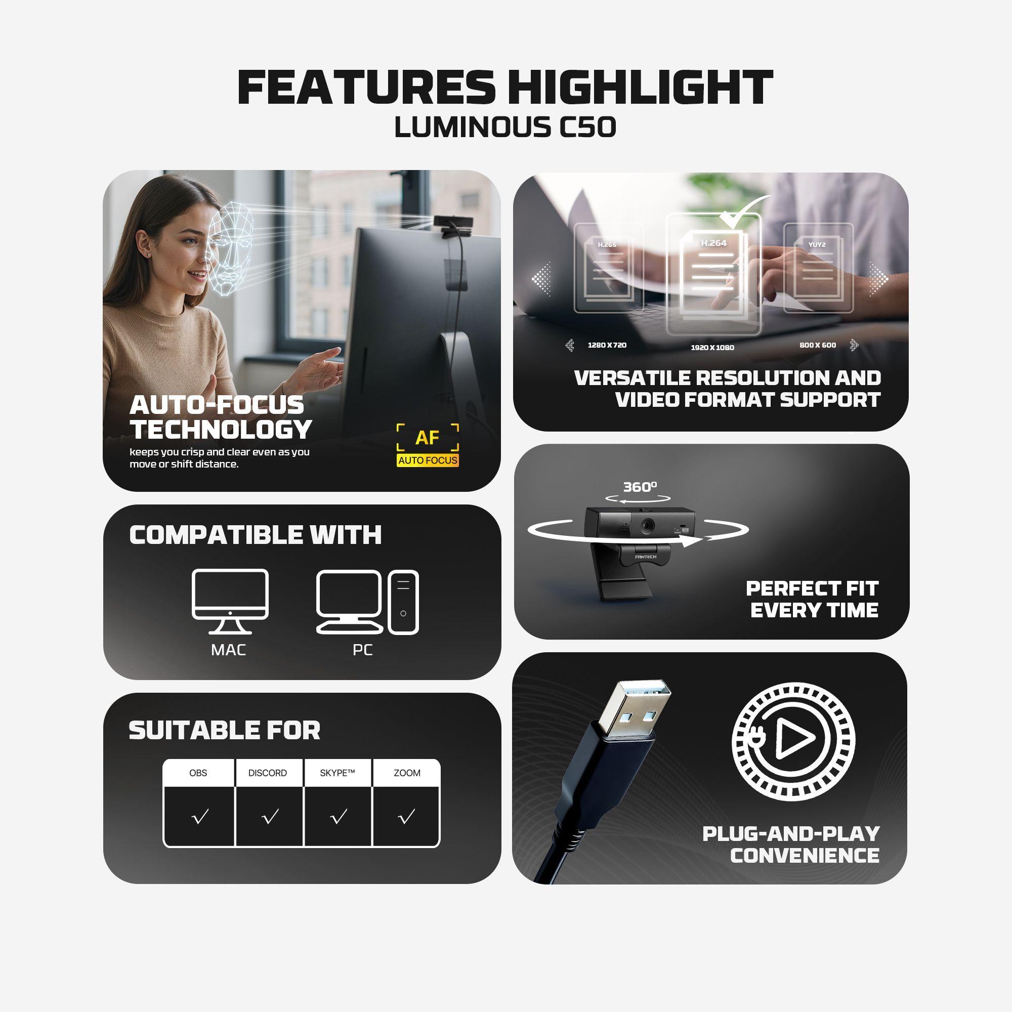 Webcam Fantech C50 Luminous 2K Quad HD con Micrófonos Duales y Enfoque Automático - Cámara web pc-5