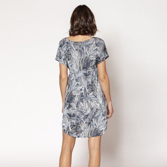 Vestido Inés recogidos M/C Hojas Blancas Khaki  S-2