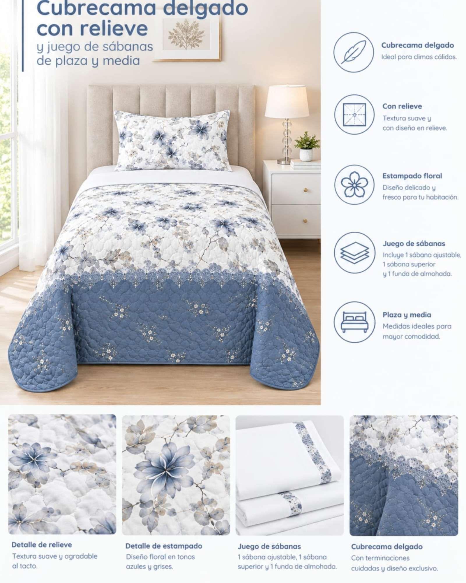 Juego De Cama 1.5 Plazas Cubrecama Quilt Verano Con Sabanas 11-4