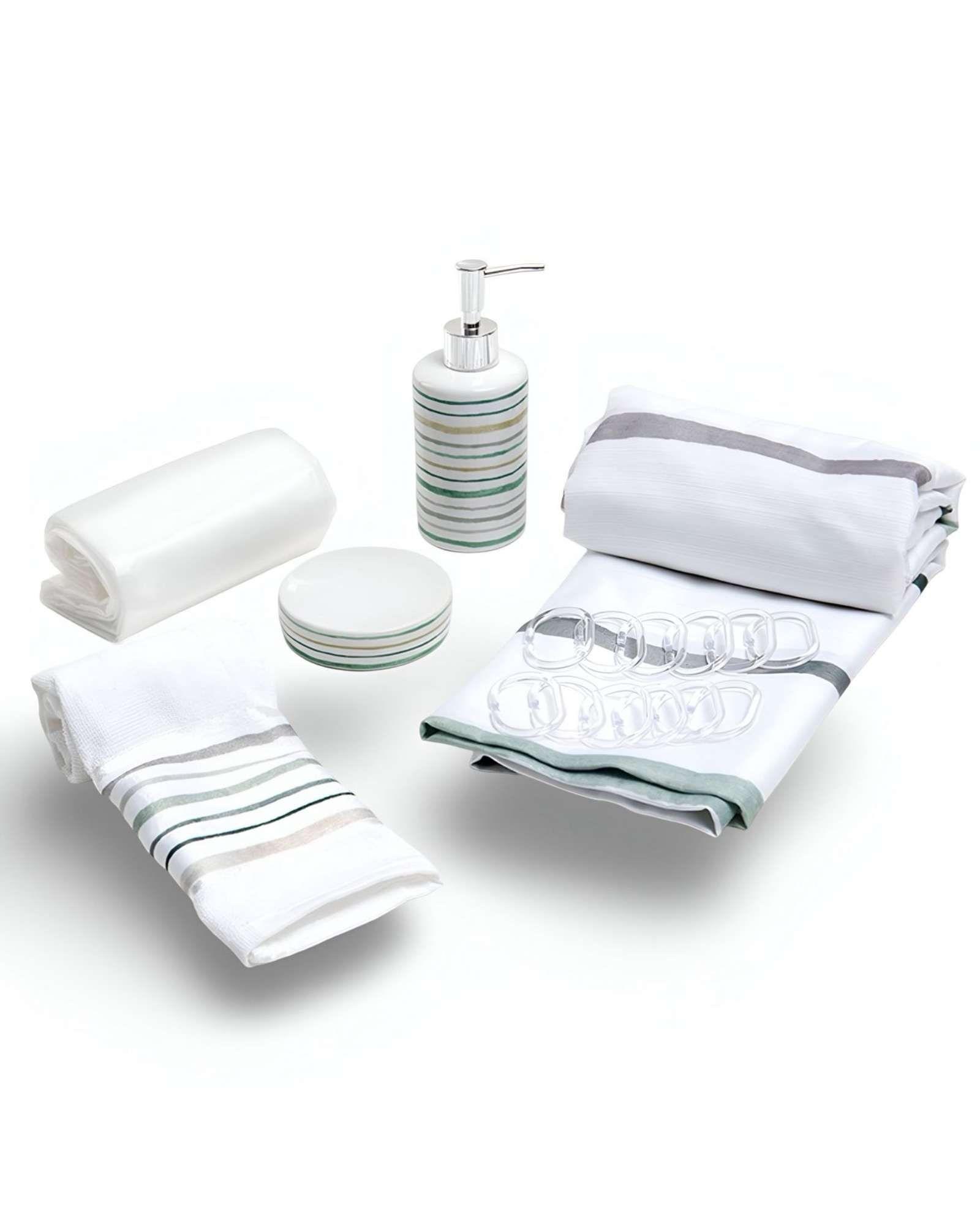 Sets juego de Baño en Caja 6 Piezas Cortina, Toalla y Jaboneras Mashini A05-0