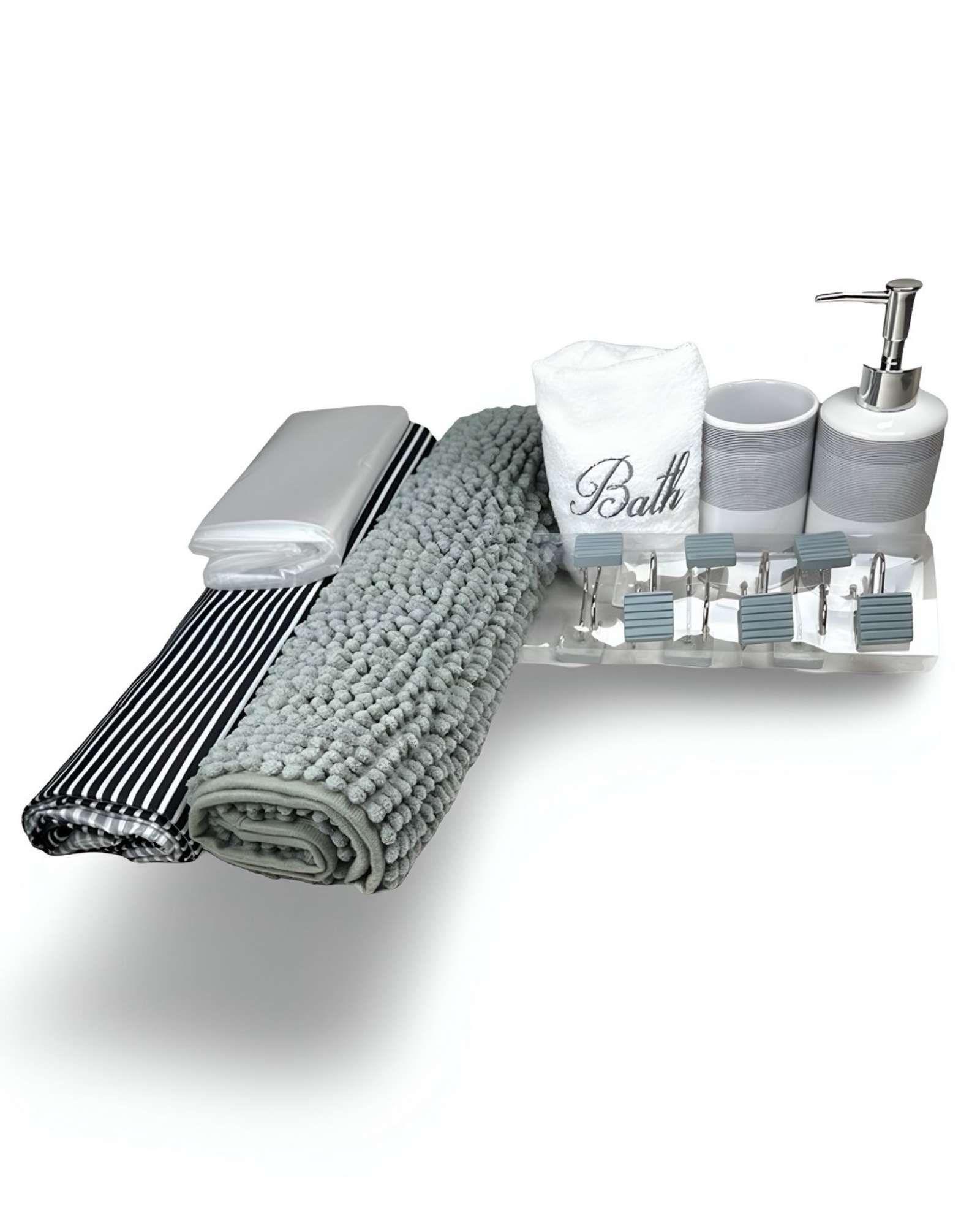 Sets juego de Baño 18 Piezas Cortina, Alfombra, Toalla y Jaboneras Doral A12-0