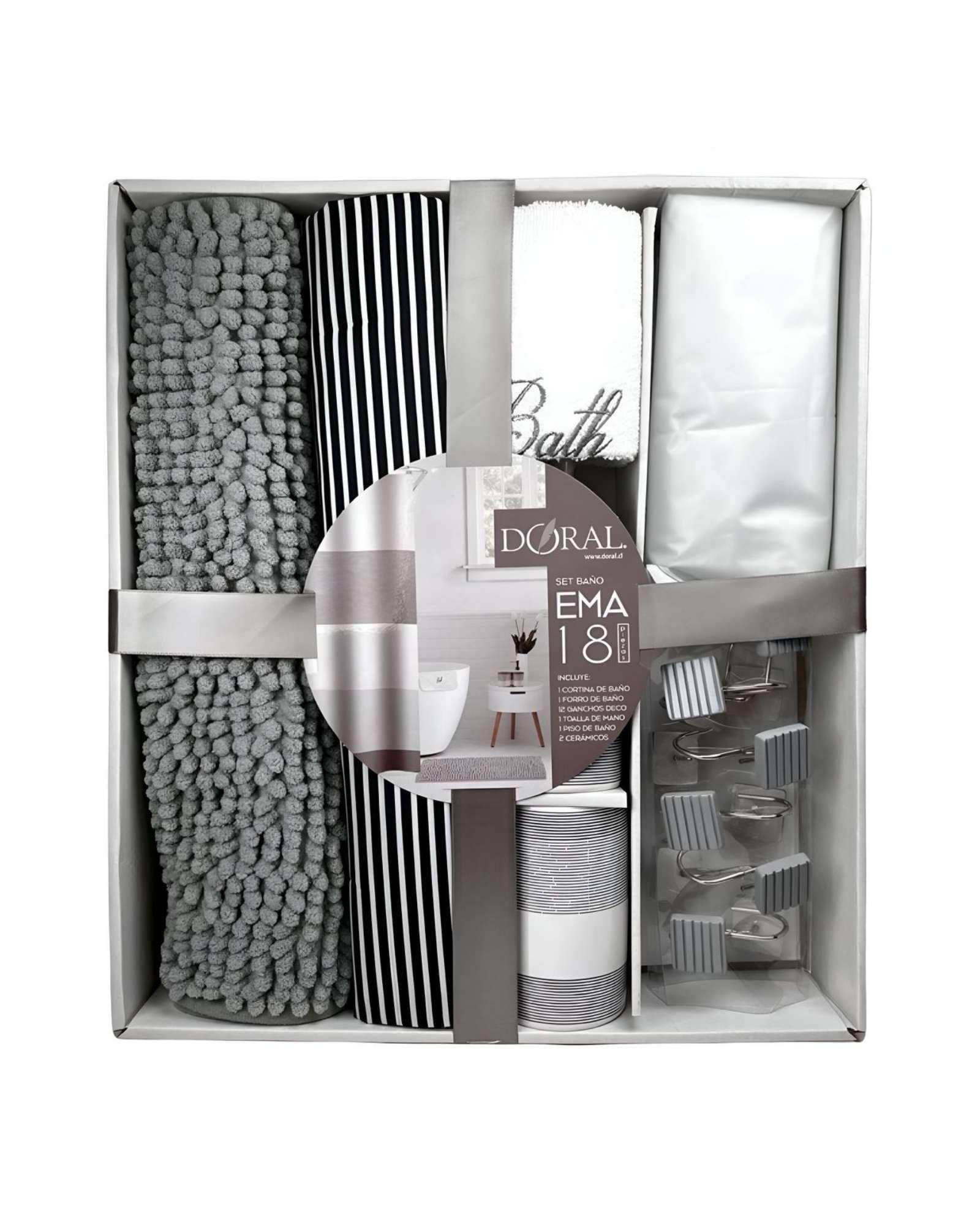 Sets juego de Baño 18 Piezas Cortina, Alfombra, Toalla y Jaboneras Doral A12-1