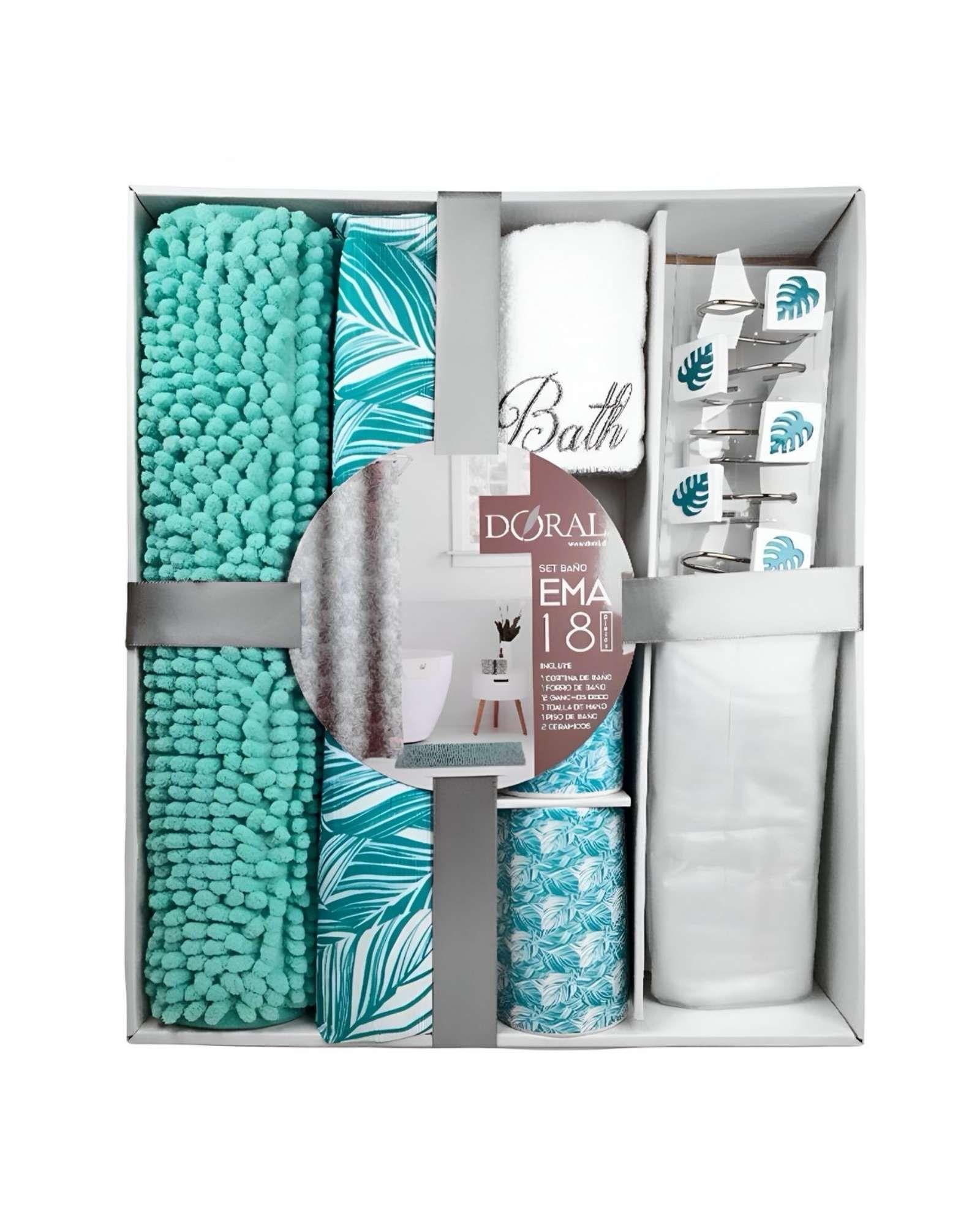 Sets juego de Baño 18 Piezas Cortina, Alfombra, Toalla y Jaboneras Doral A11-1