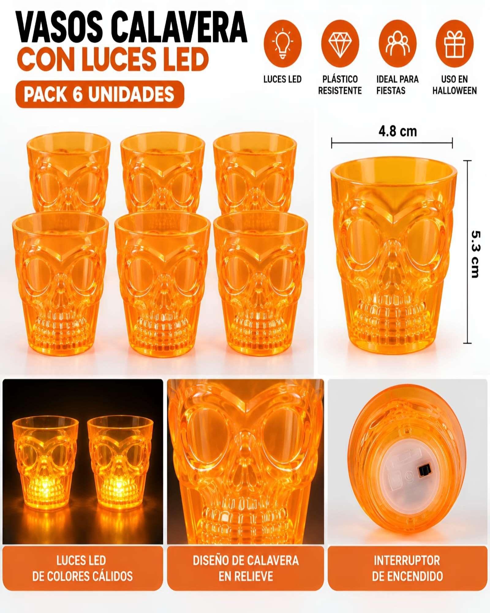 Pack X6 Vasos Calavera Con Luz LED Para Fiestas Y Halloween-4