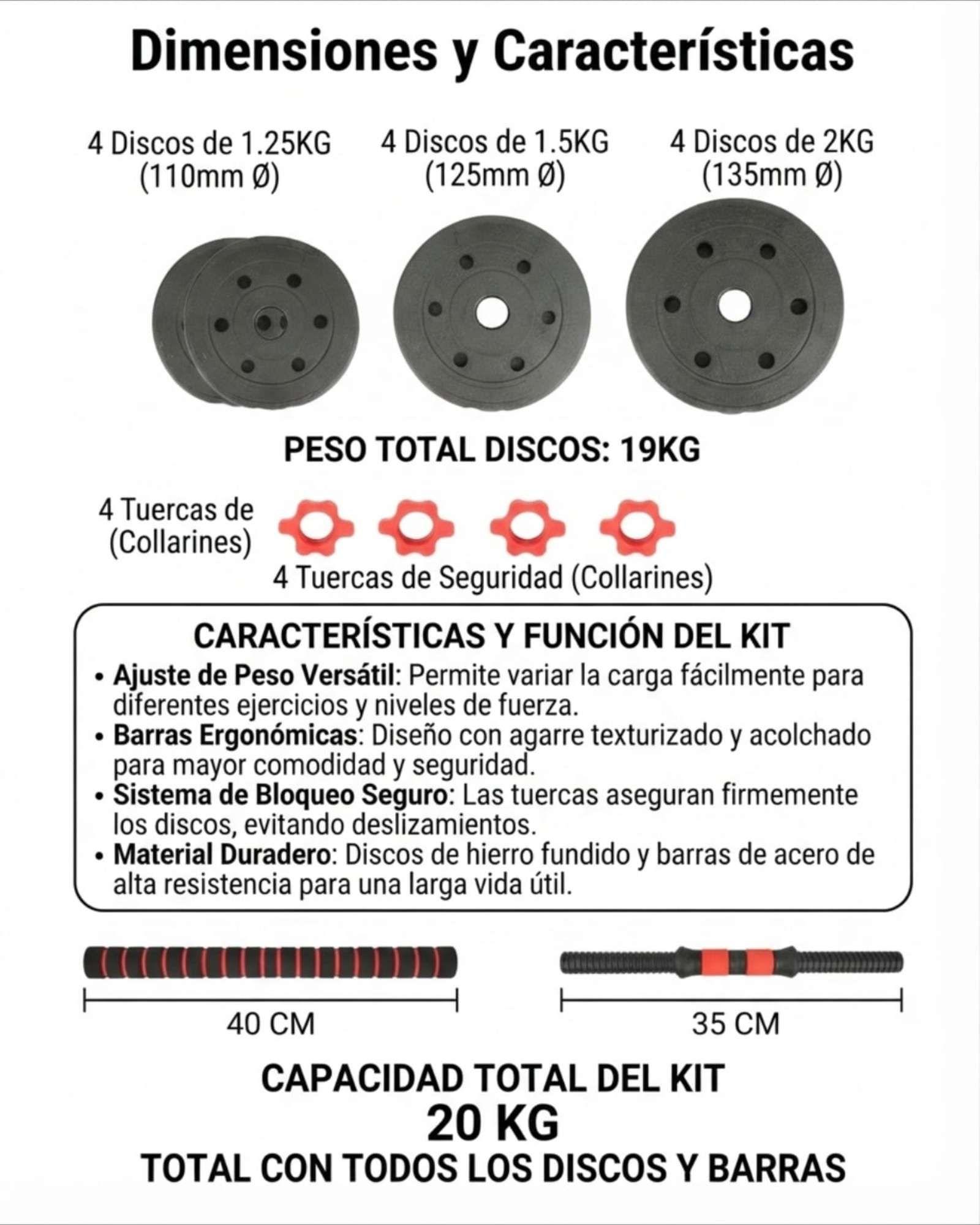 Set De Pesas Ajustables 20 Kg Con Discos Y Barra Larga Conectora-5