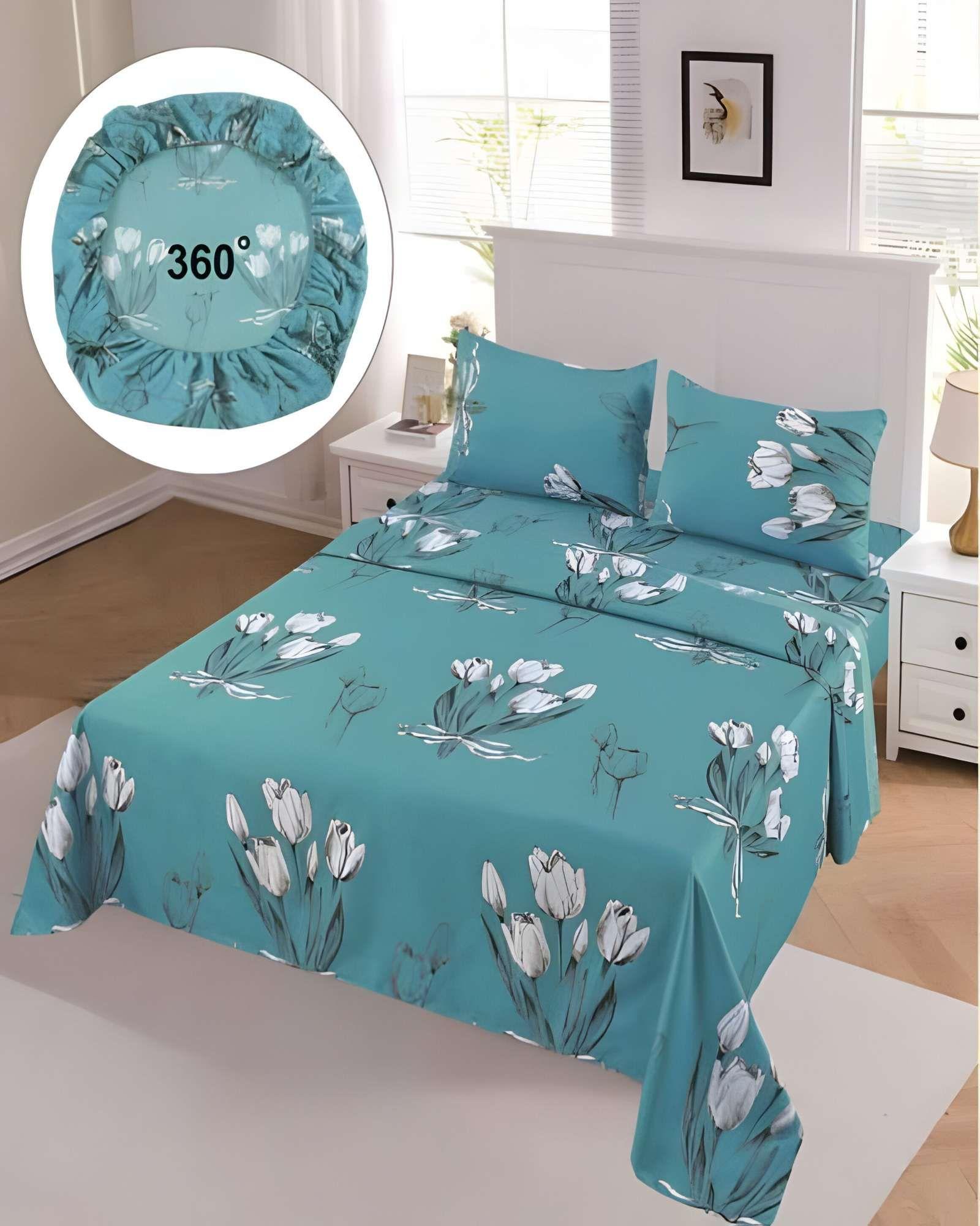 SET DE SABANAS DISEÑO FLORES 2 PLAZAS TURQUESA-2