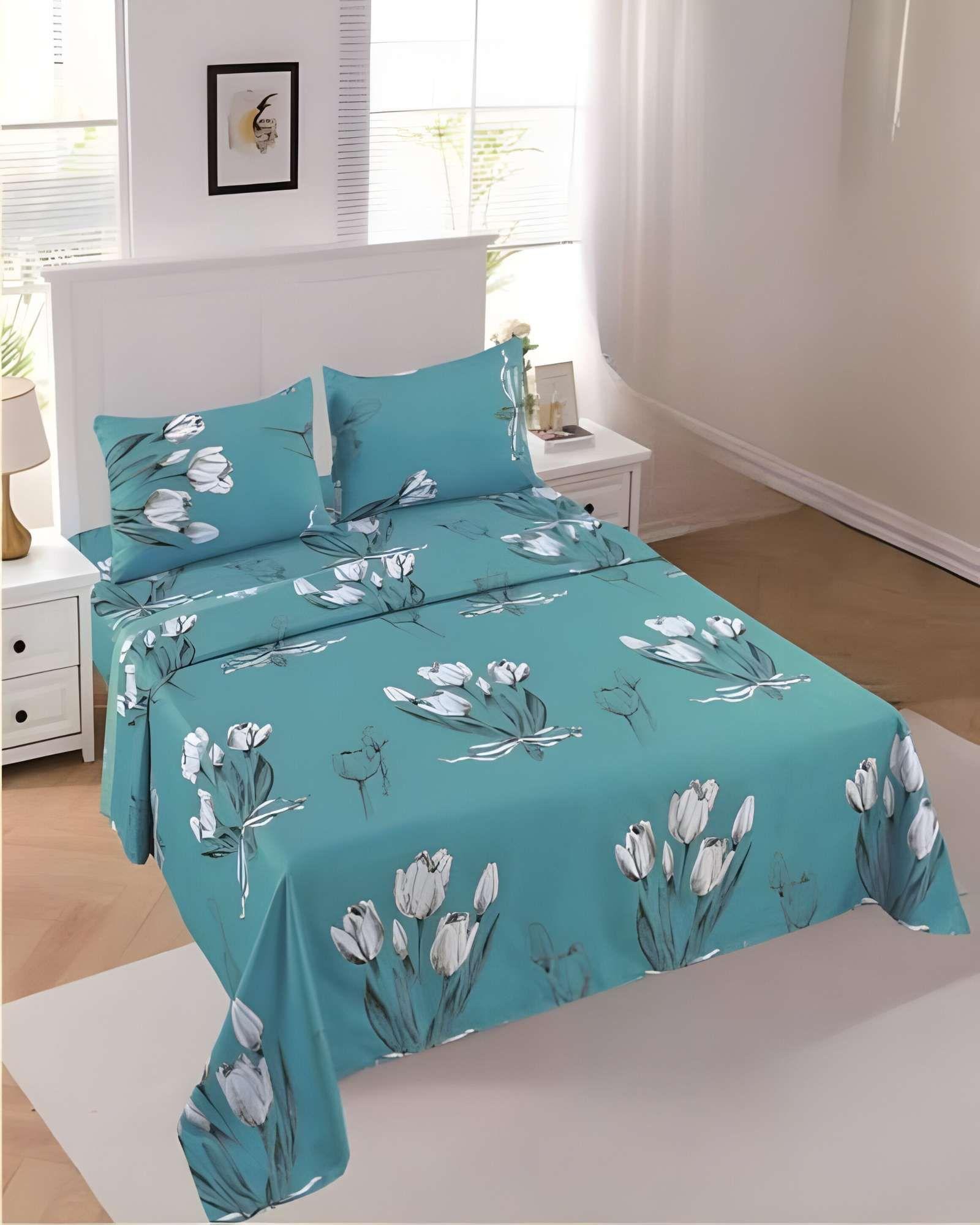 SET DE SABANAS DISEÑO FLORES 2 PLAZAS TURQUESA-3
