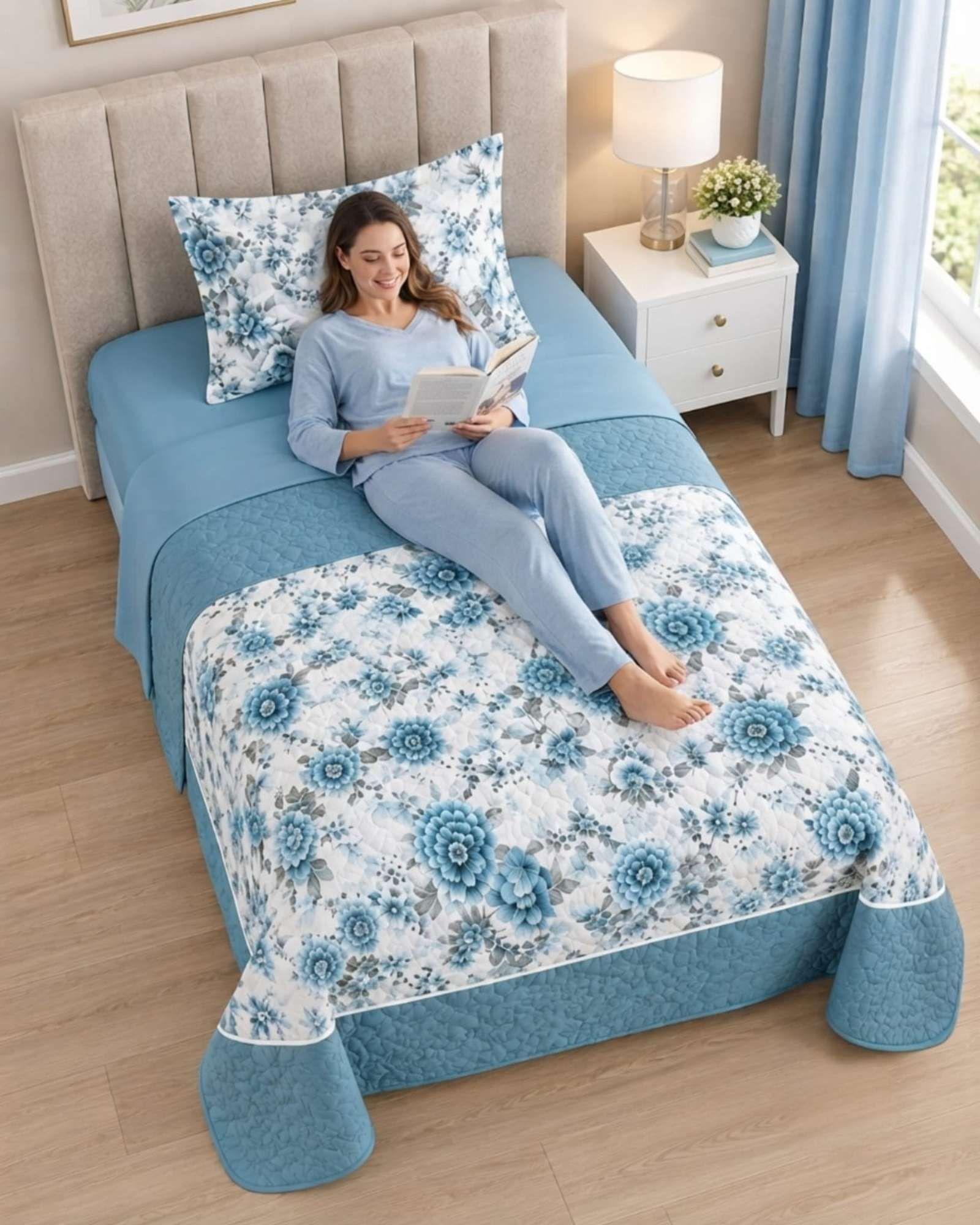 Juego De Cama 1.5 Plazas Cubrecama Quilt Verano Con Sabanas 02-3
